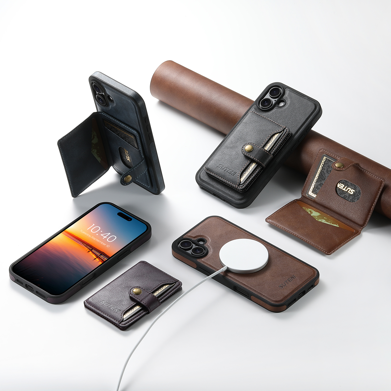 SUTENI M1 Magnetic Wireless Charging PU Leather Button Card Holder Stand Phone Case For iPhone 16 Pro Max 15 Plus 14 Pro 13 12