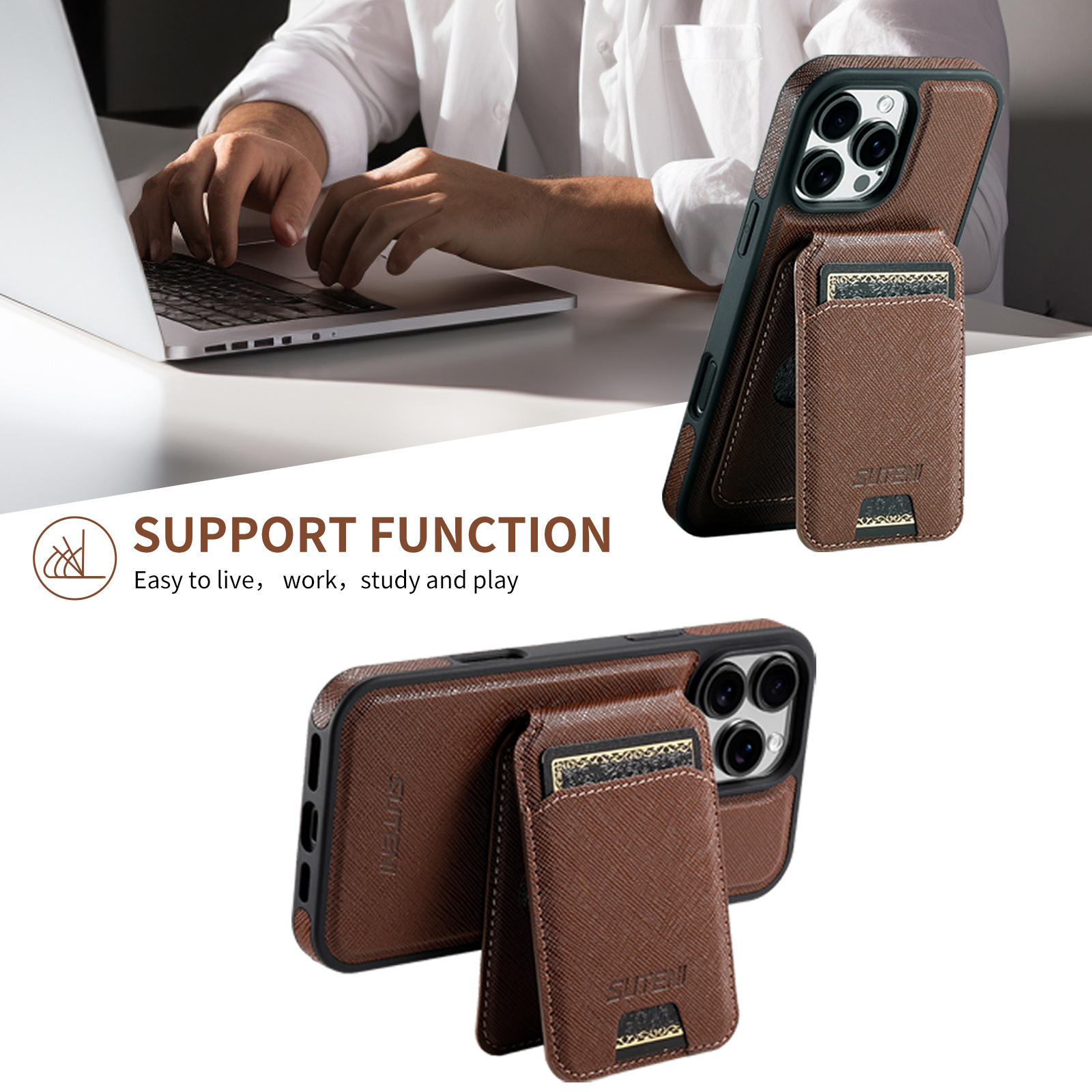 SUTENI M2SZ Magnet Wireless Charging PU Leather Phone Case Card Holder Stand For iPhone 16 Pro Max 15 Plus 14 Pro 13 12