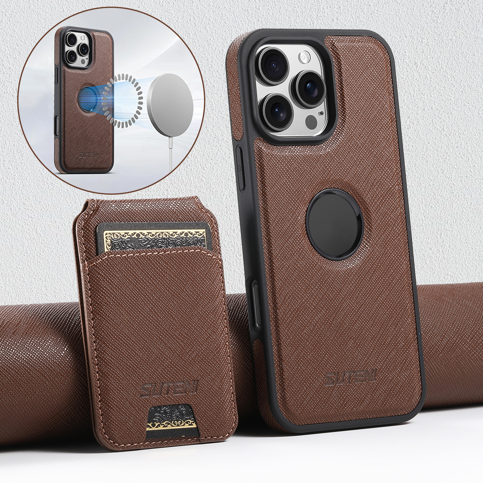 SUTENI M2SZ Magnet Wireless Charging PU Leather Phone Case Card Holder Stand For iPhone 16 Pro Max 15 Plus 14 Pro 13 12