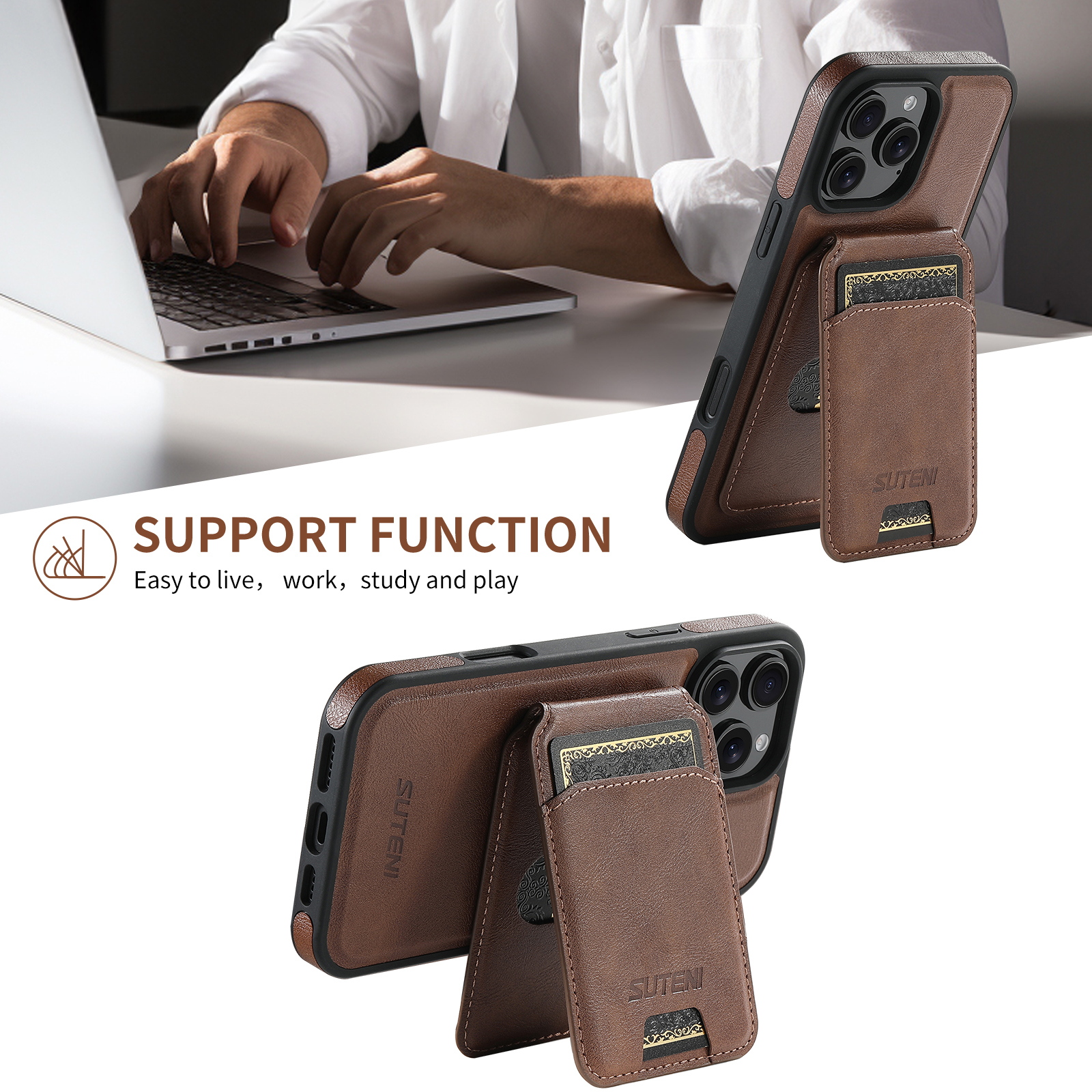 SUTENI M2 PU Leather Phone Case Magnet Wireless Charging Card Holder Stand For iPhone 16 Pro Max 15 Plus 14 Pro 13 12