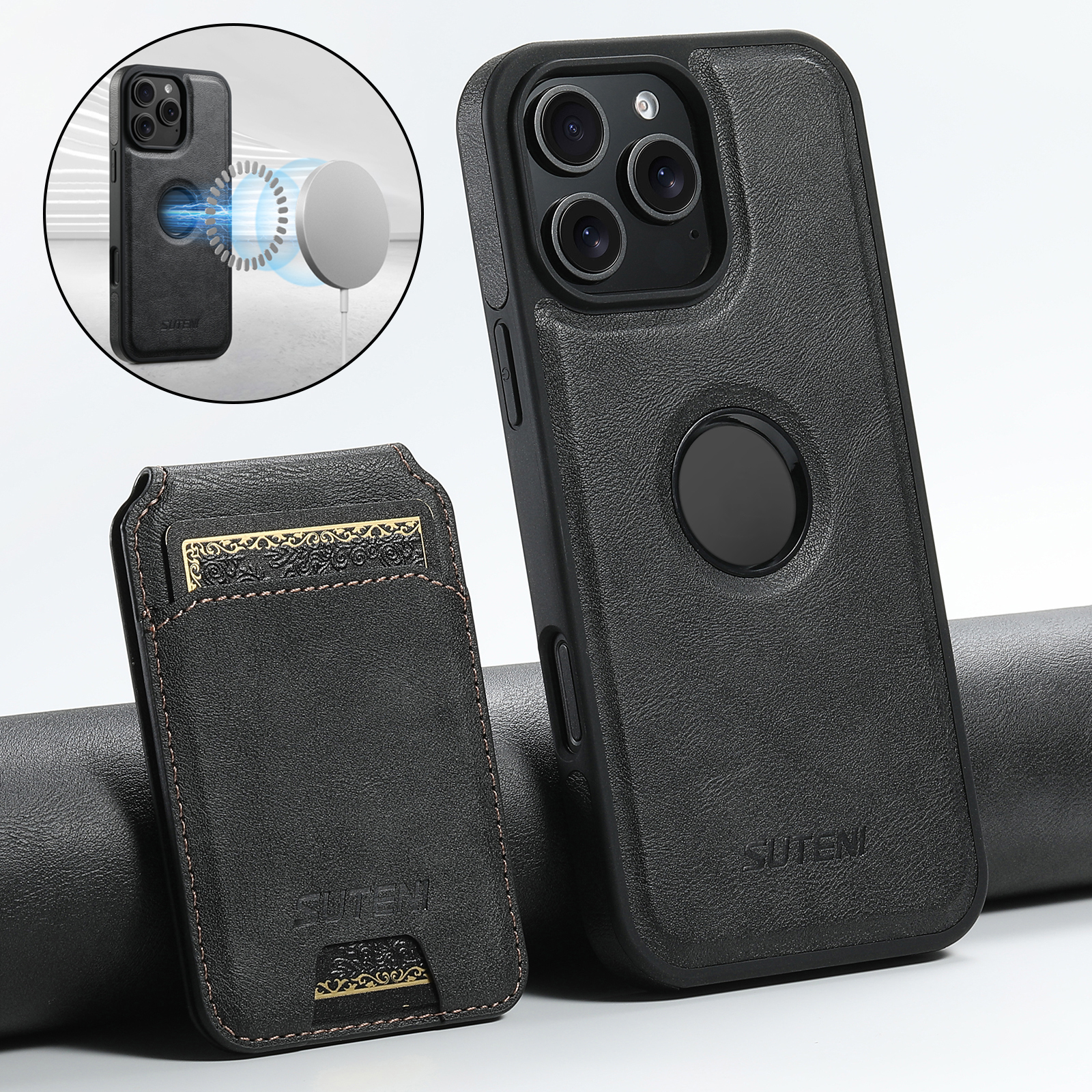 SUTENI M2 PU Leather Phone Case Magnet Wireless Charging Card Holder Stand For iPhone 16 Pro Max 15 Plus 14 Pro 13 12