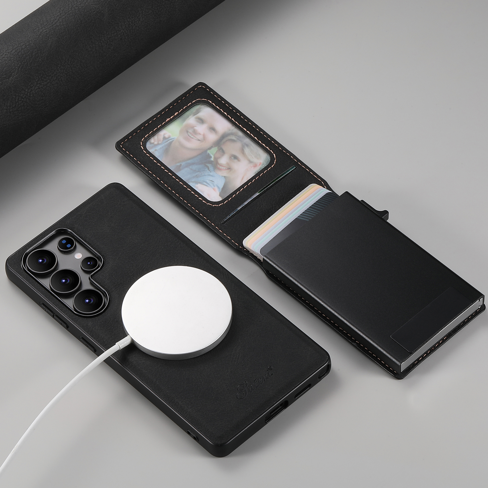 SUTENI H19LZ Magnetic Wireless Charging  Phone Case Card Slot Luxury PU Leather Wallet Button Card Box For Samsung S25Ultra S24Plus S23 S22 Note20