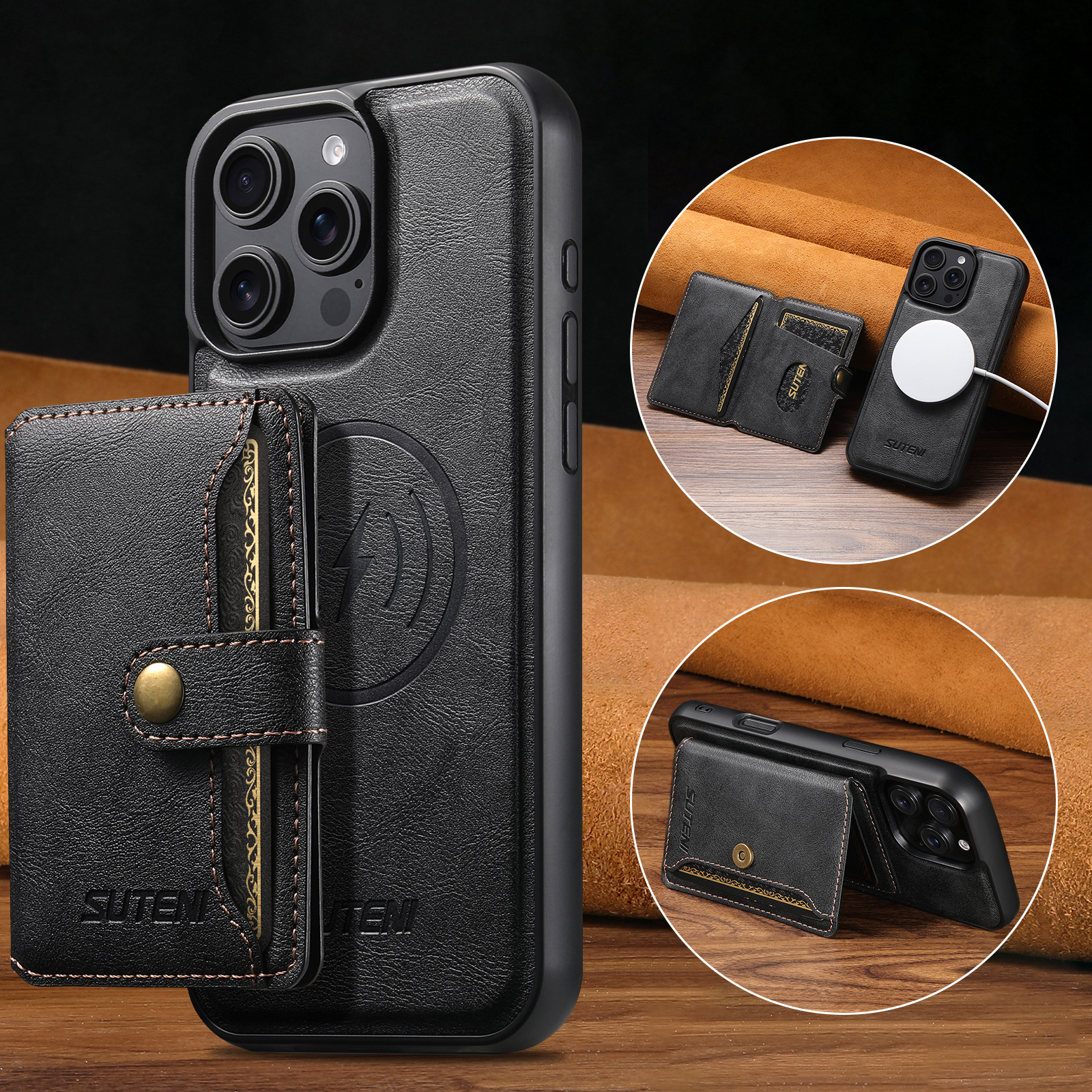 SUTENI M4 Magnet Wireless Charging Luxury PU Leather Phone Case Card Holder Stand For iPhone 16 Pro Max 15 Plus 14 Pro 13 12