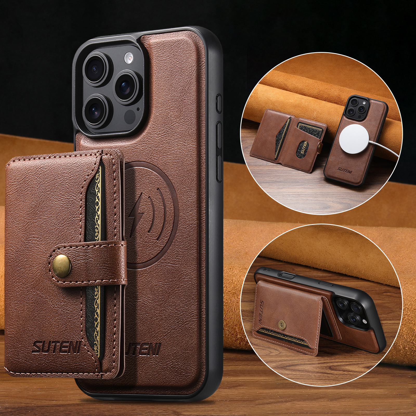 SUTENI M4 Magnet Wireless Charging Luxury PU Leather Phone Case Card Holder Stand For iPhone 16 Pro Max 15 Plus 14 Pro 13 12