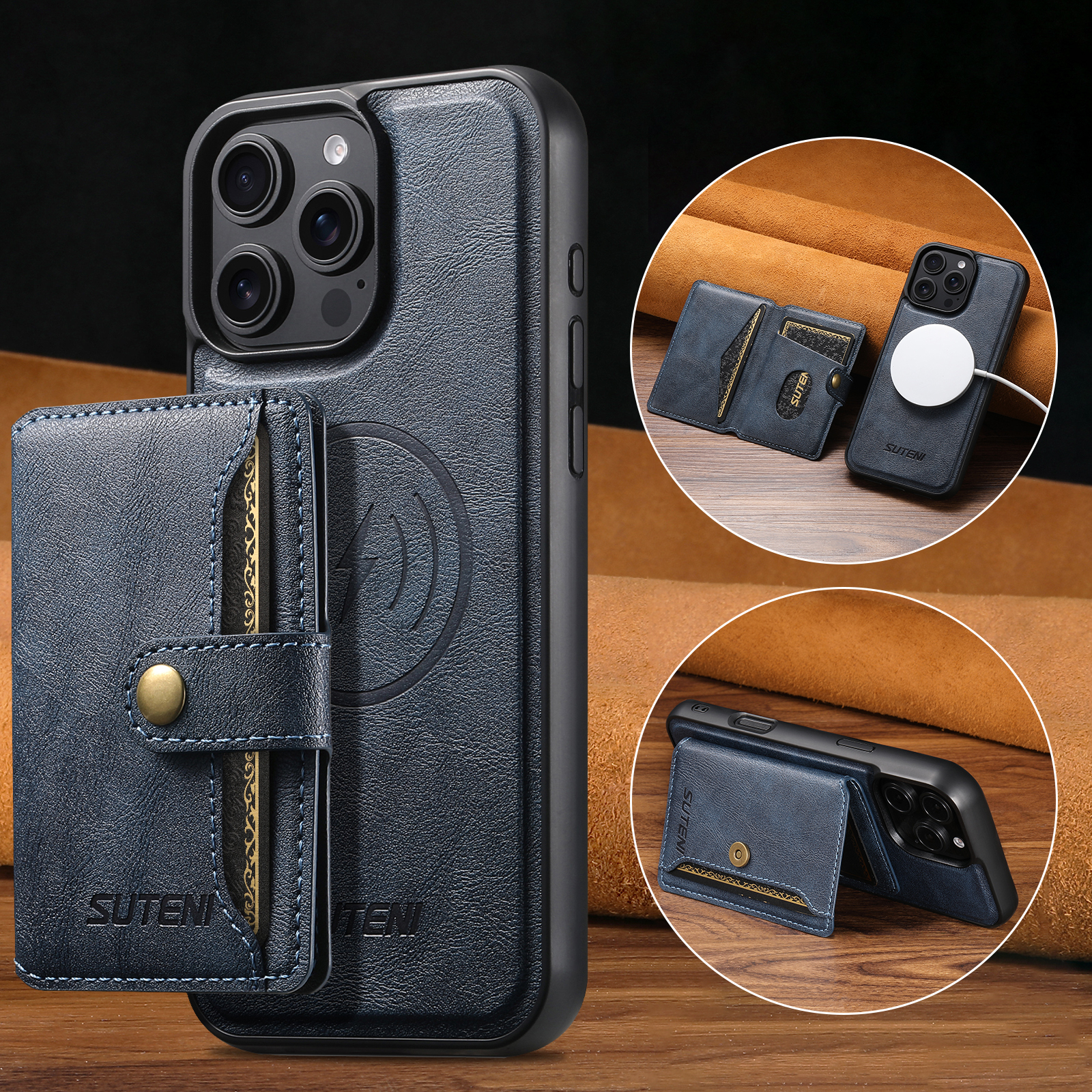 SUTENI M4 Wireless Charging Luxury Faux Leather Magnet Phone Case Card Holder Stand For iPhone 17 Pro Max 16 Plus 15 14 13 12