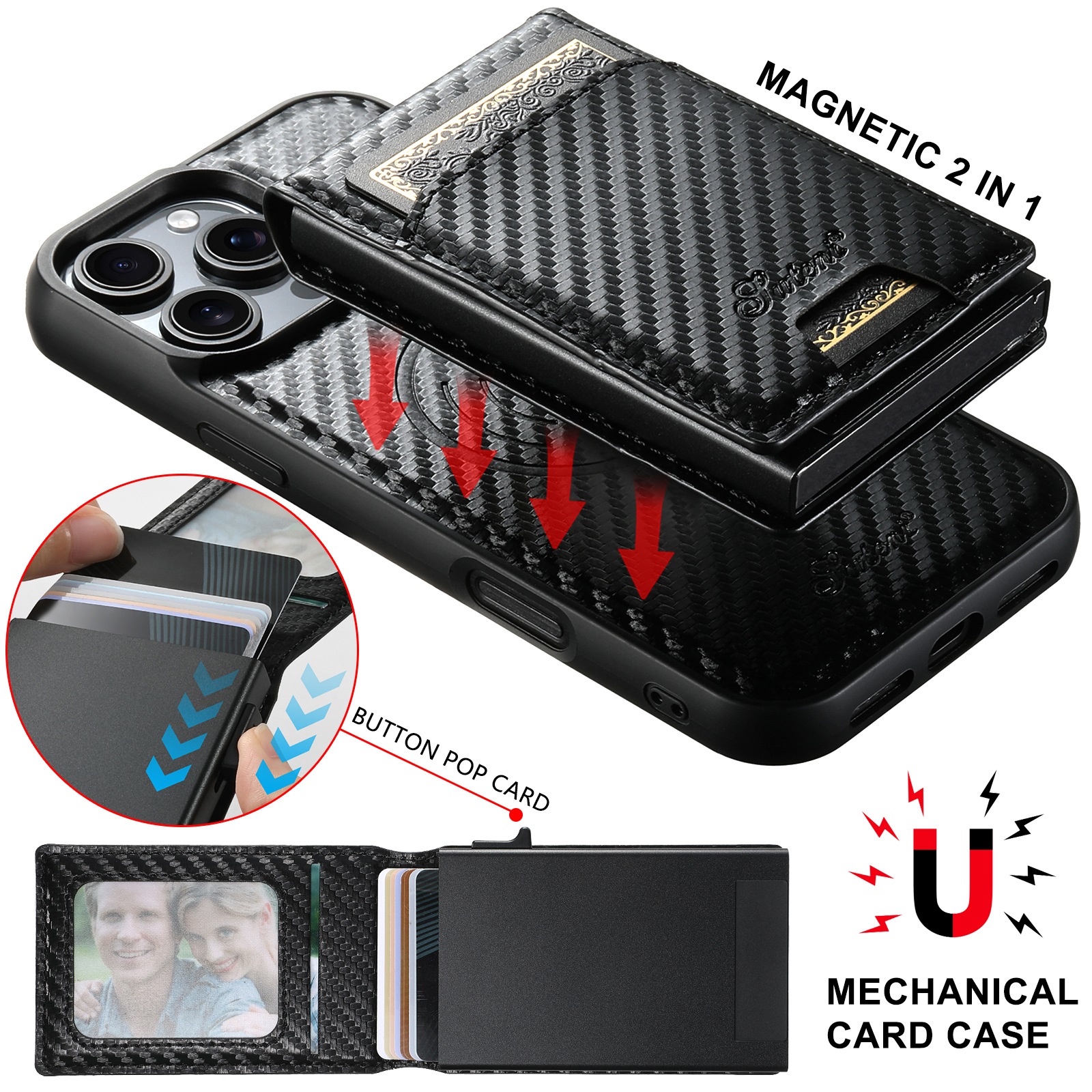 SUTENI H19TXW Magnetic Wireless Charging Card Slot PU Leather Wallet Button card box Phone Cases For iPhone 16 Pro Max 15 Plus 14 13 12