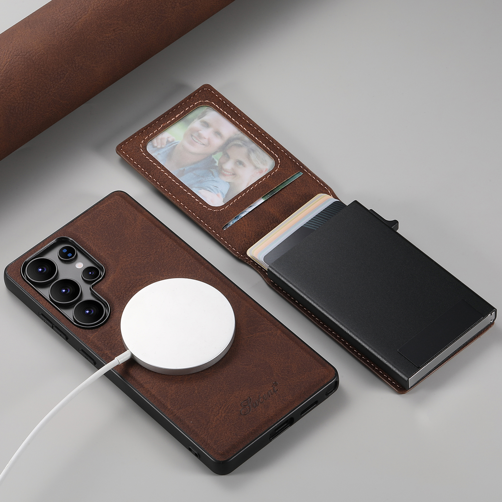 SUTENI H19LZ Magnetic Wireless Charging  Phone Case Card Slot Luxury PU Leather Wallet Button Card Box For Samsung S25Ultra S24Plus S23 S22 Note20