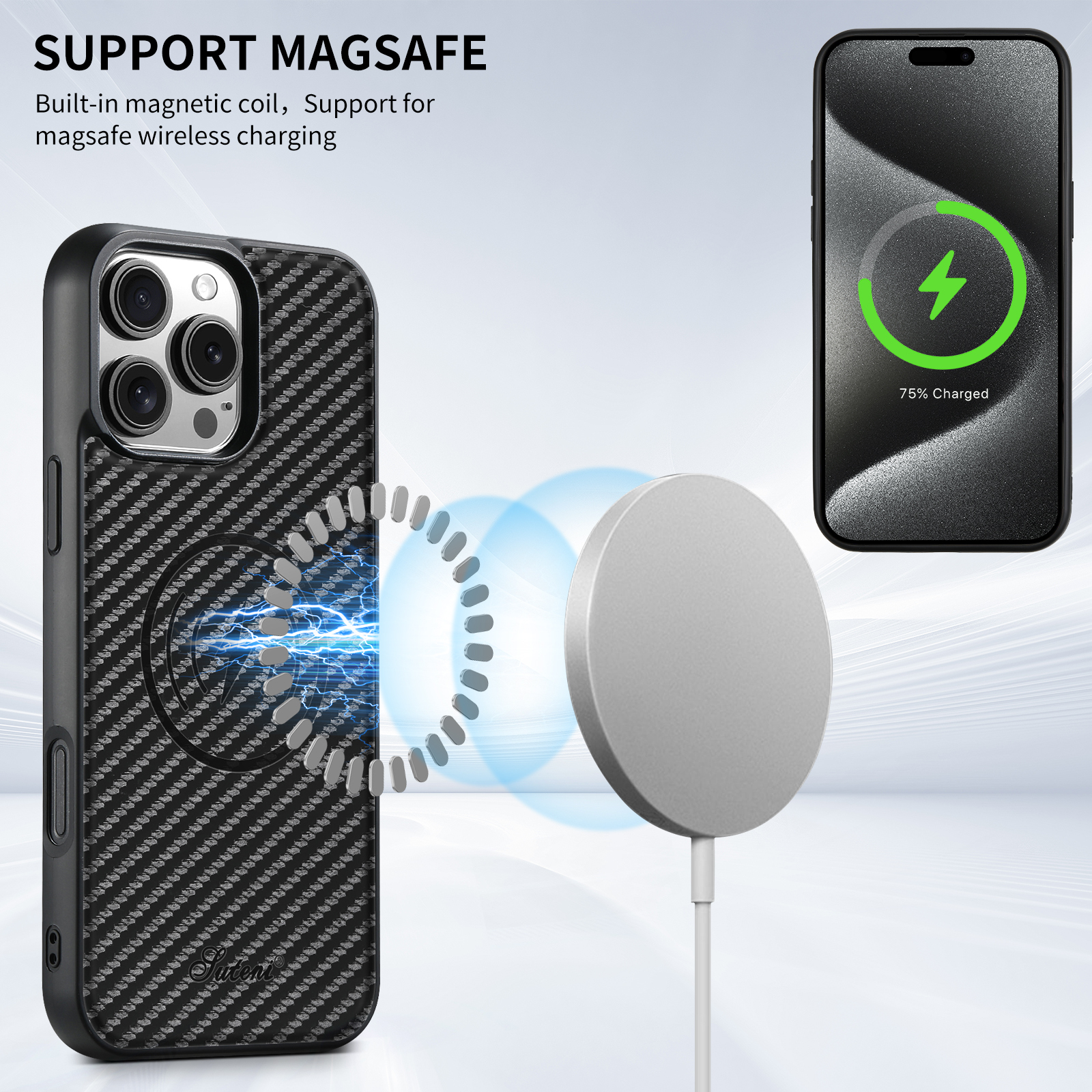 SUTENI H18TXWDK Luxury PU Leather Phone Case Magnet Wireless Charging For iPhone 16 Pro Max 15 Plus 14 13 12