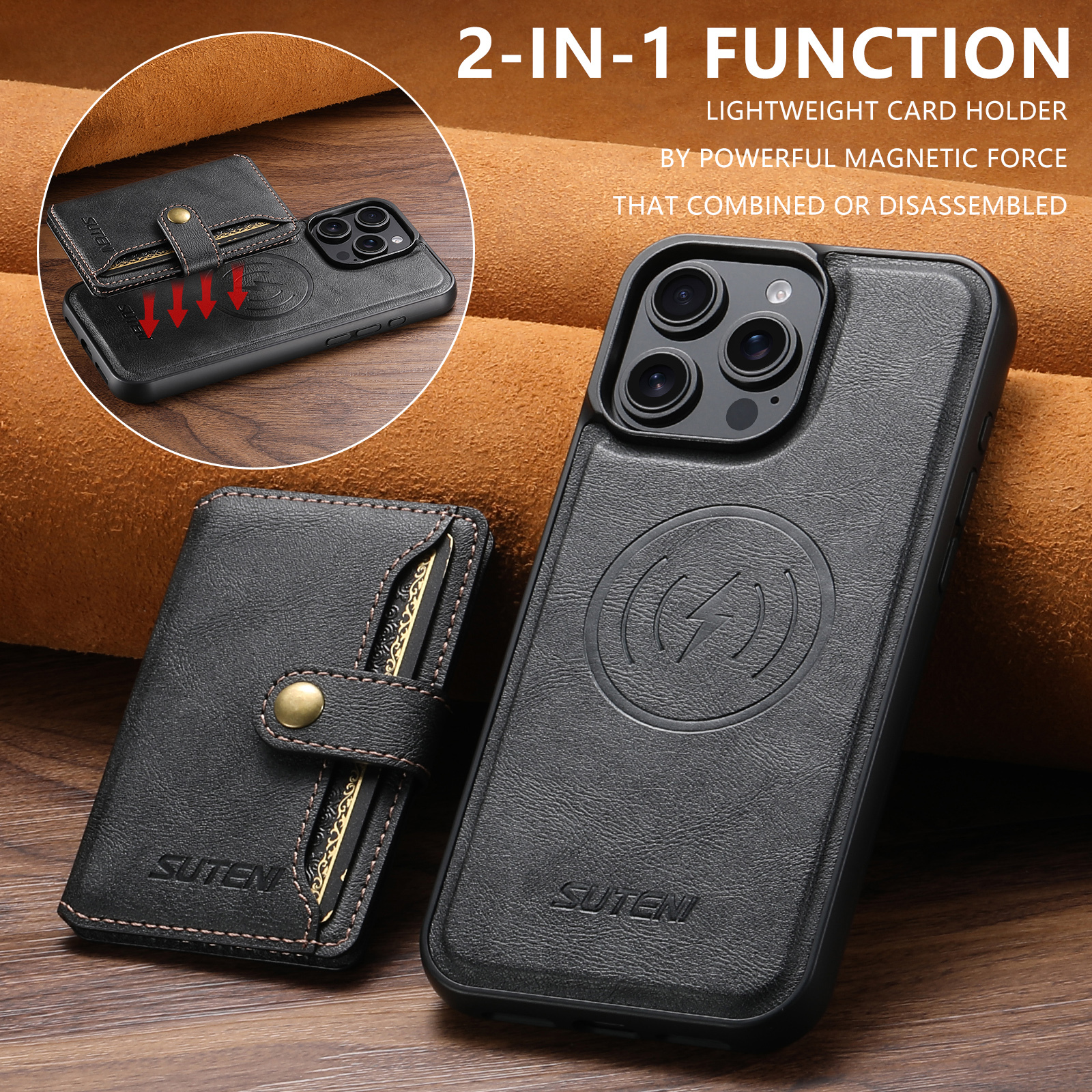 SUTENI M4 Magnet Wireless Charging Luxury PU Leather Phone Case Card Holder Stand For iPhone 16 Pro Max 15 Plus 14 Pro 13 12
