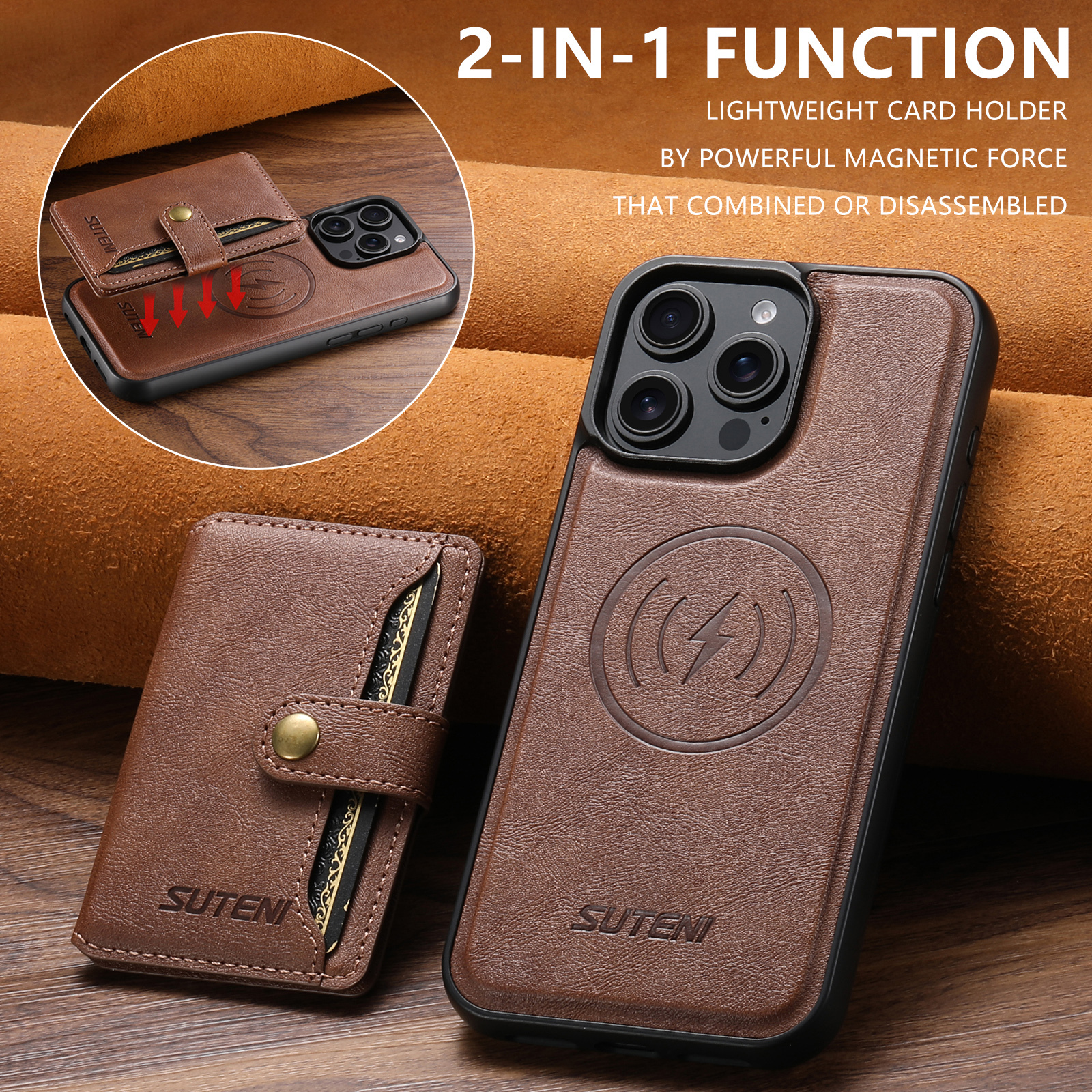 SUTENI M4 Magnet Wireless Charging Luxury PU Leather Phone Case Card Holder Stand For iPhone 16 Pro Max 15 Plus 14 Pro 13 12