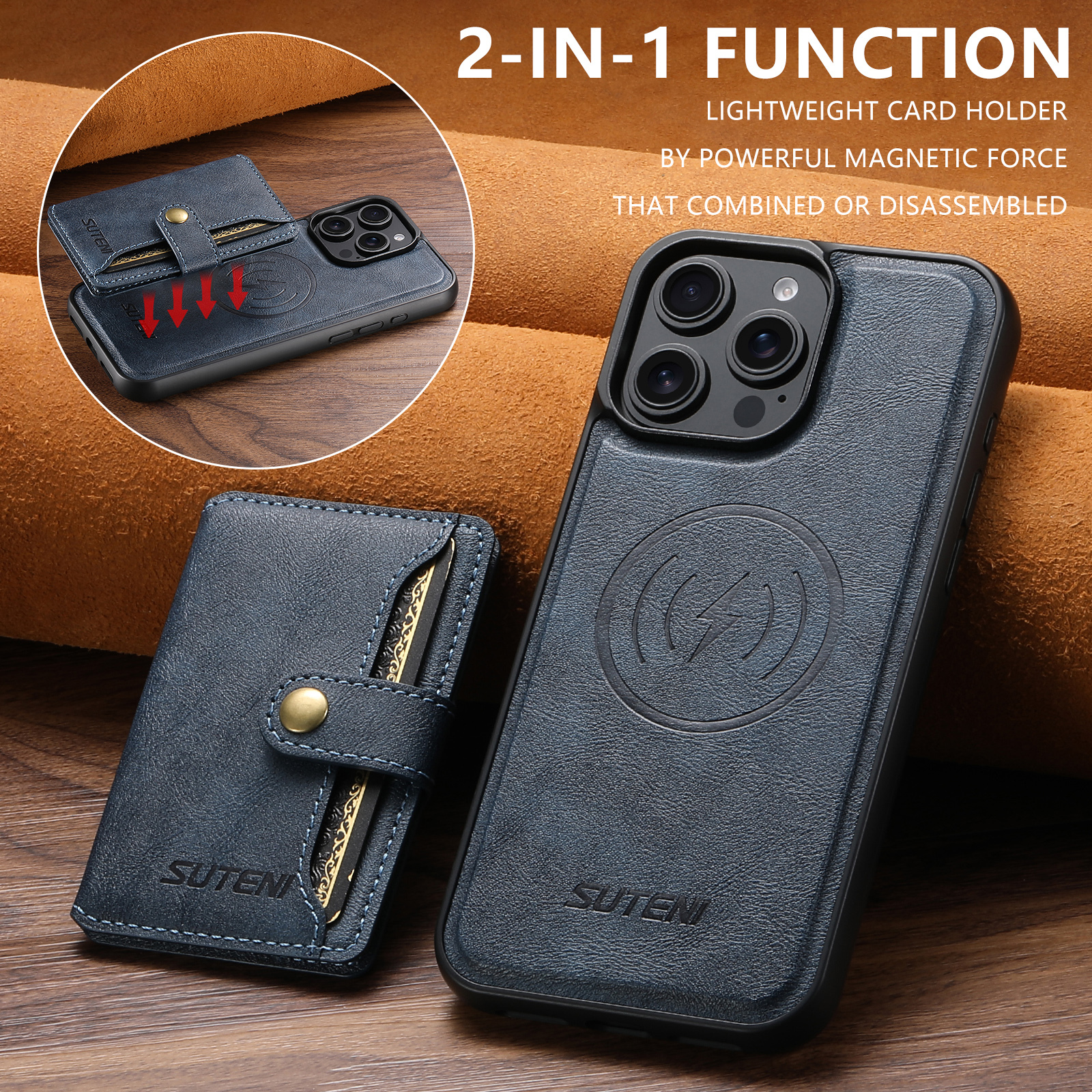 SUTENI M4 Magnet Wireless Charging Luxury PU Leather Phone Case Card Holder Stand For iPhone 16 Pro Max 15 Plus 14 Pro 13 12