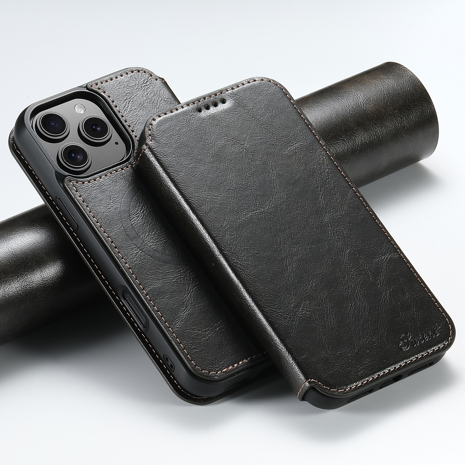 SUTENI J05 PU Leather Wireless Charging 2 In 1 Card Holder Stand Wallet Magnetic buckle Phone Case For iPhone 16 Pro Max 15 Plus 14 13 12