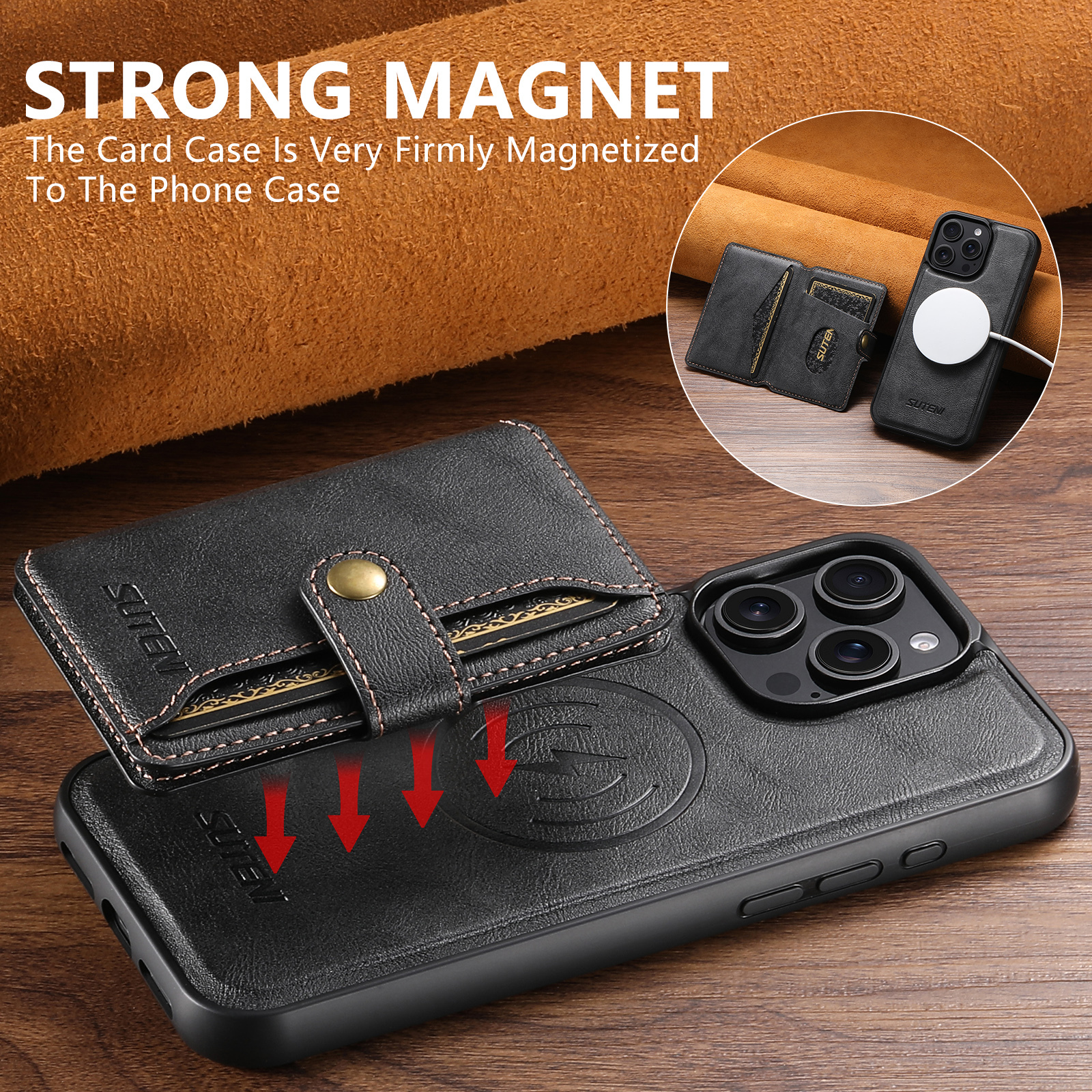 SUTENI M4 Magnet Wireless Charging Luxury PU Leather Phone Case Card Holder Stand For iPhone 16 Pro Max 15 Plus 14 Pro 13 12