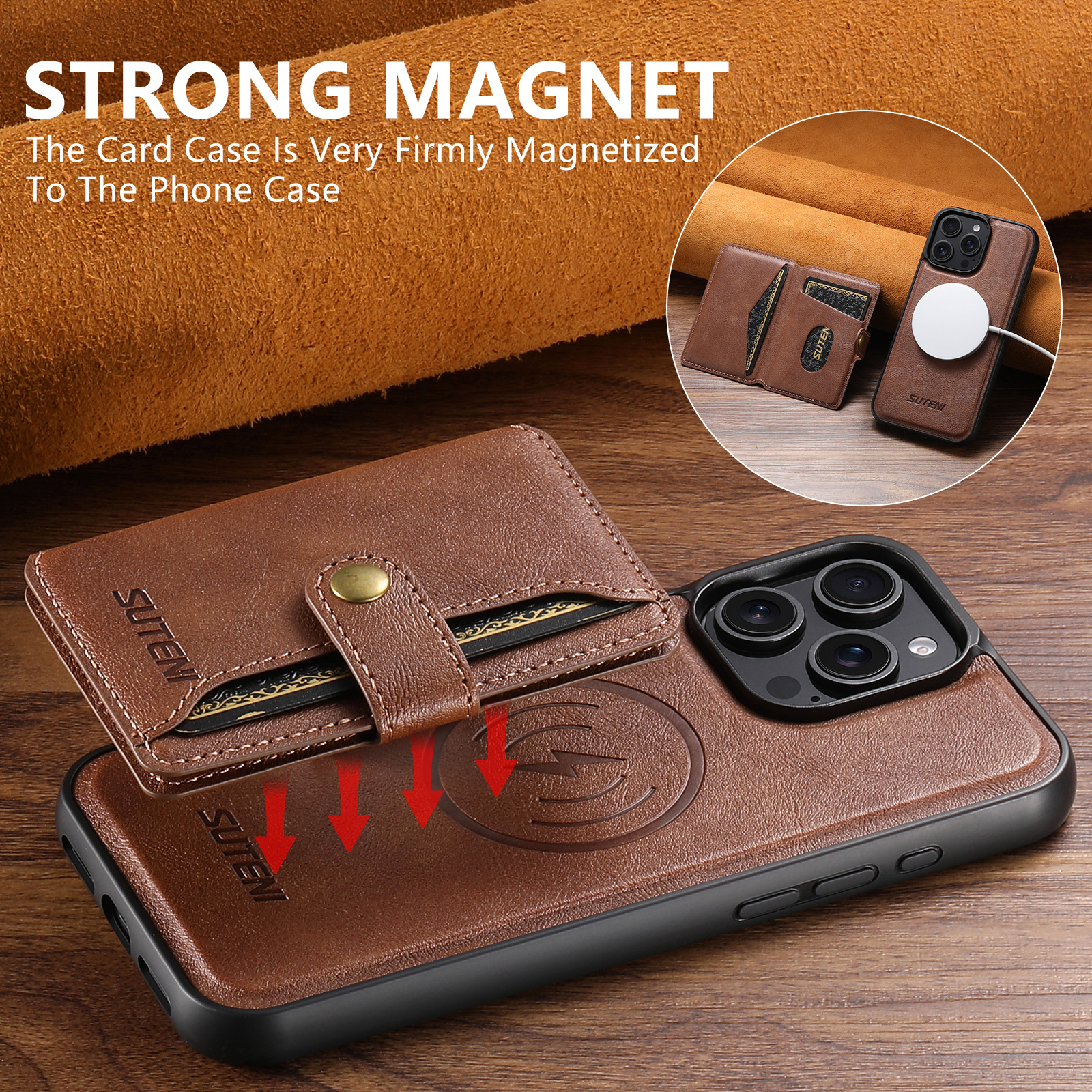 SUTENI M4 Magnet Wireless Charging Luxury PU Leather Phone Case Card Holder Stand For iPhone 16 Pro Max 15 Plus 14 Pro 13 12