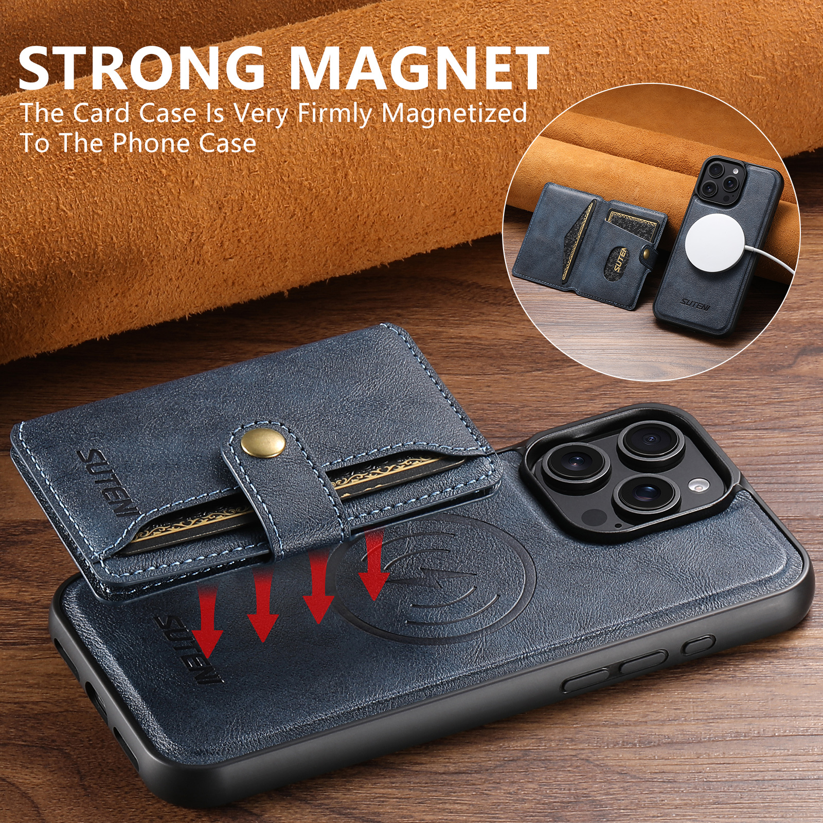 SUTENI M4 Magnet Wireless Charging Luxury PU Leather Phone Case Card Holder Stand For iPhone 16 Pro Max 15 Plus 14 Pro 13 12