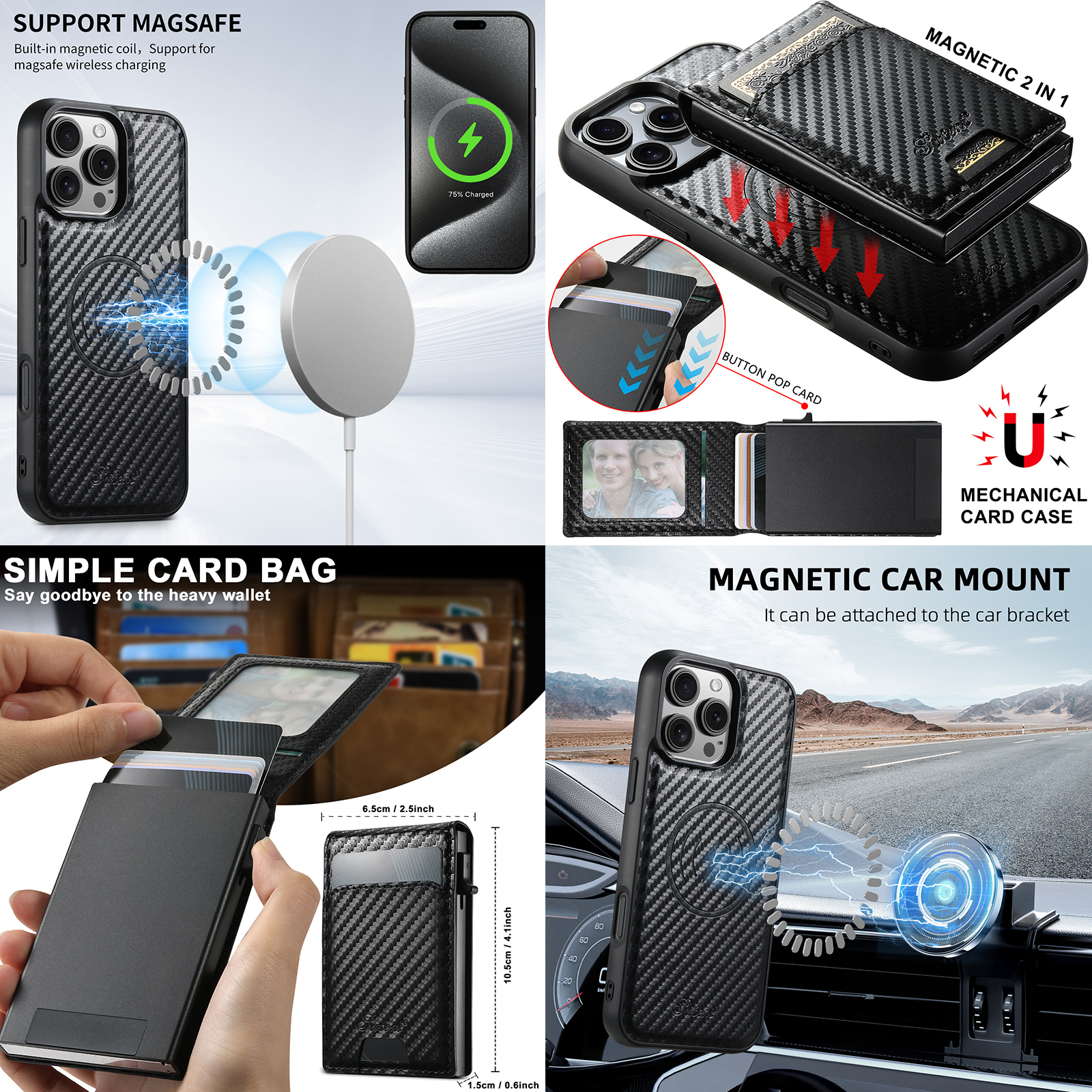 SUTENI H19TXW Magnetic Wireless Charging Card Slot PU Leather Wallet Button card box Phone Cases For iPhone 16 Pro Max 15 Plus 14 13 12