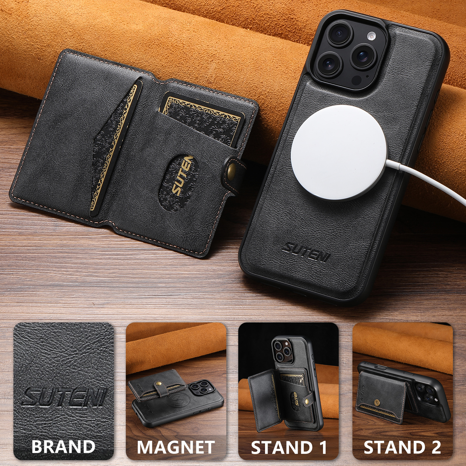 SUTENI M4 Magnet Wireless Charging Luxury PU Leather Phone Case Card Holder Stand For iPhone 16 Pro Max 15 Plus 14 Pro 13 12
