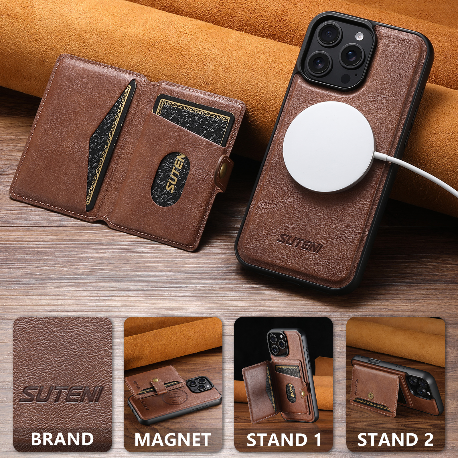 SUTENI M4 Magnet Wireless Charging Luxury PU Leather Phone Case Card Holder Stand For iPhone 16 Pro Max 15 Plus 14 Pro 13 12