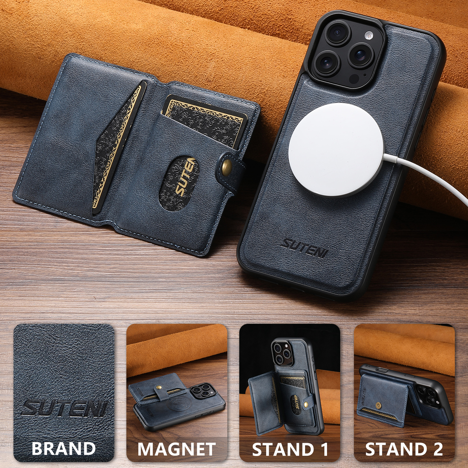 SUTENI M4 Magnet Wireless Charging Luxury PU Leather Phone Case Card Holder Stand For iPhone 16 Pro Max 15 Plus 14 Pro 13 12
