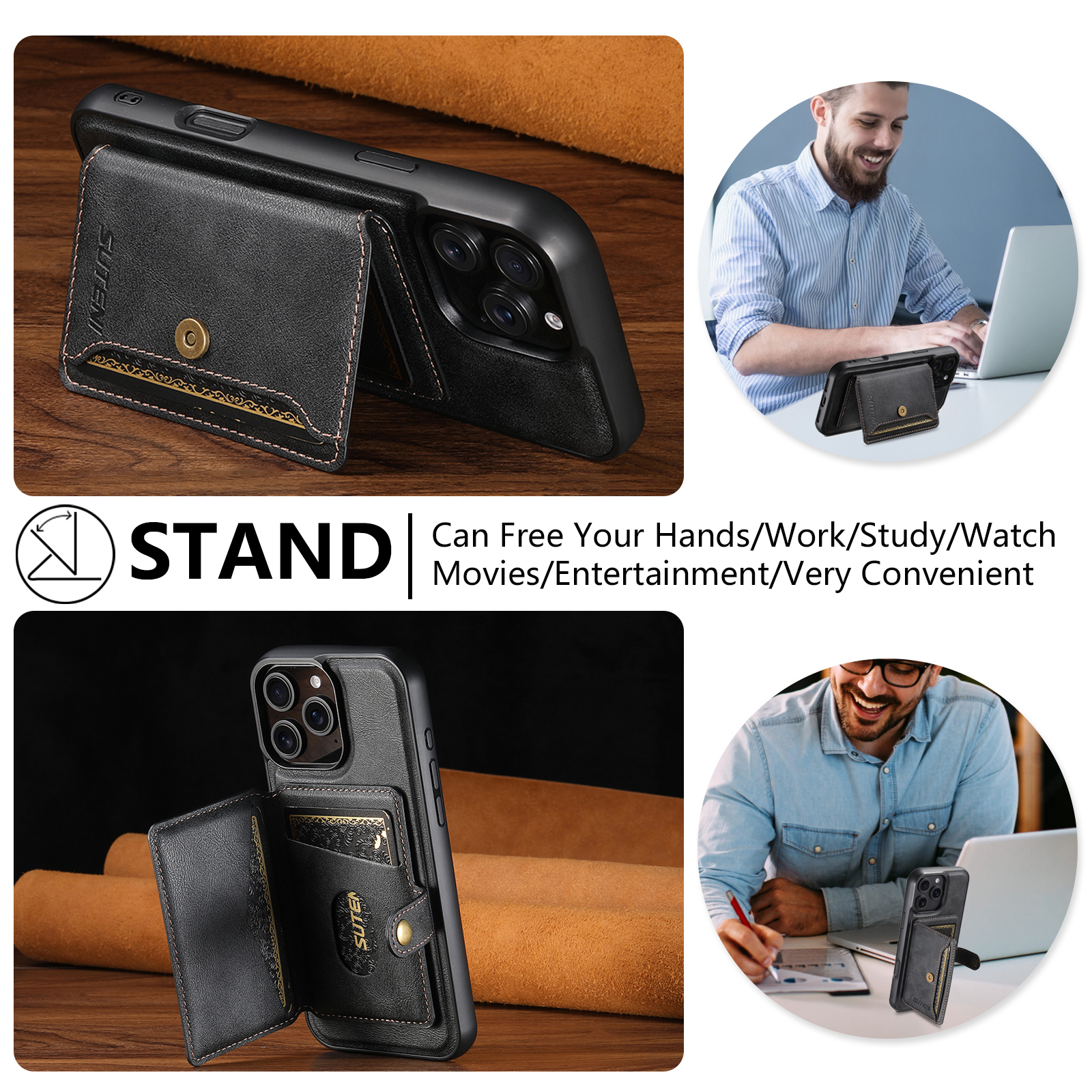 SUTENI M4 Magnet Wireless Charging Luxury PU Leather Phone Case Card Holder Stand For iPhone 16 Pro Max 15 Plus 14 Pro 13 12