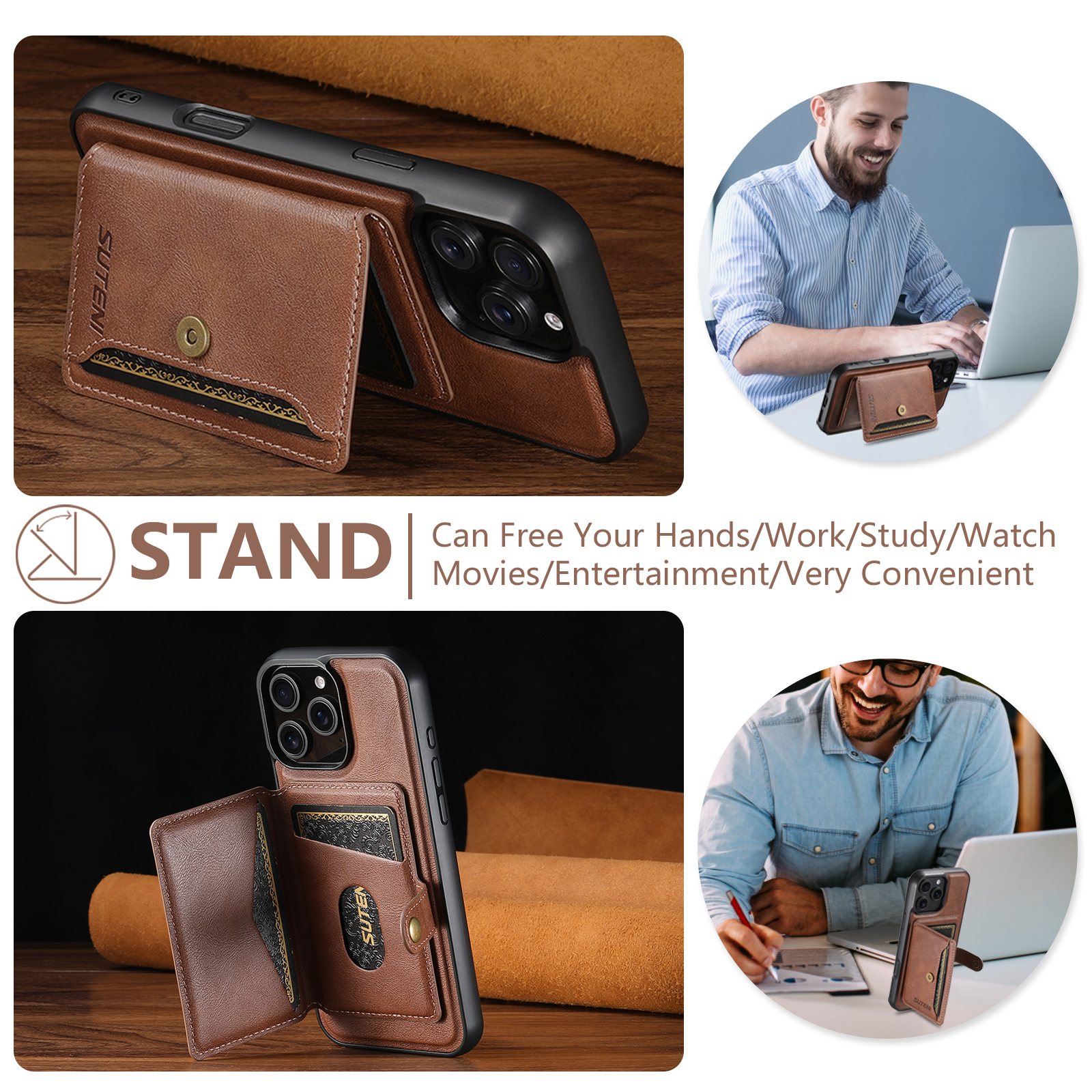 SUTENI M4 Magnet Wireless Charging Luxury PU Leather Phone Case Card Holder Stand For iPhone 16 Pro Max 15 Plus 14 Pro 13 12