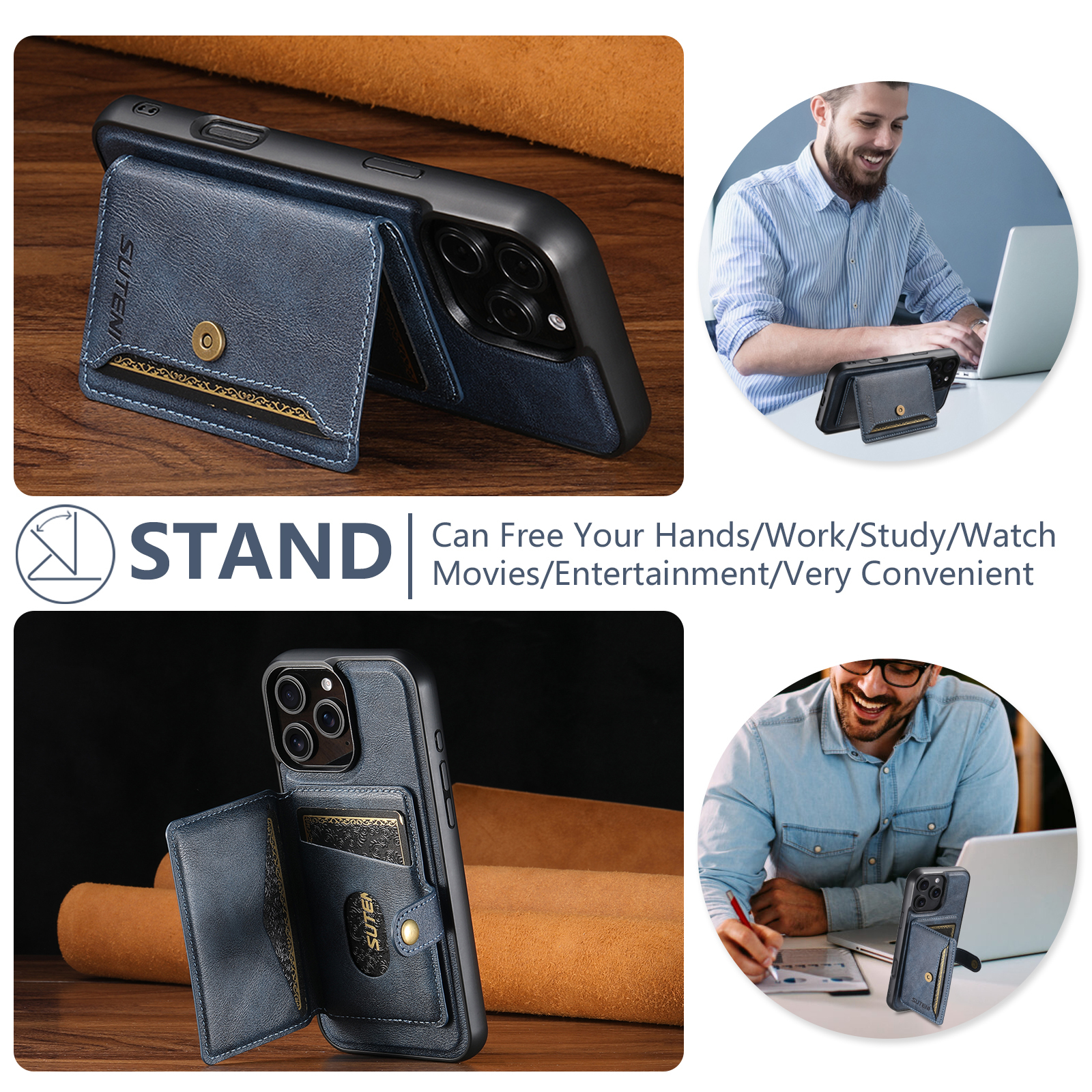 SUTENI M4 Magnet Wireless Charging Luxury PU Leather Phone Case Card Holder Stand For iPhone 16 Pro Max 15 Plus 14 Pro 13 12