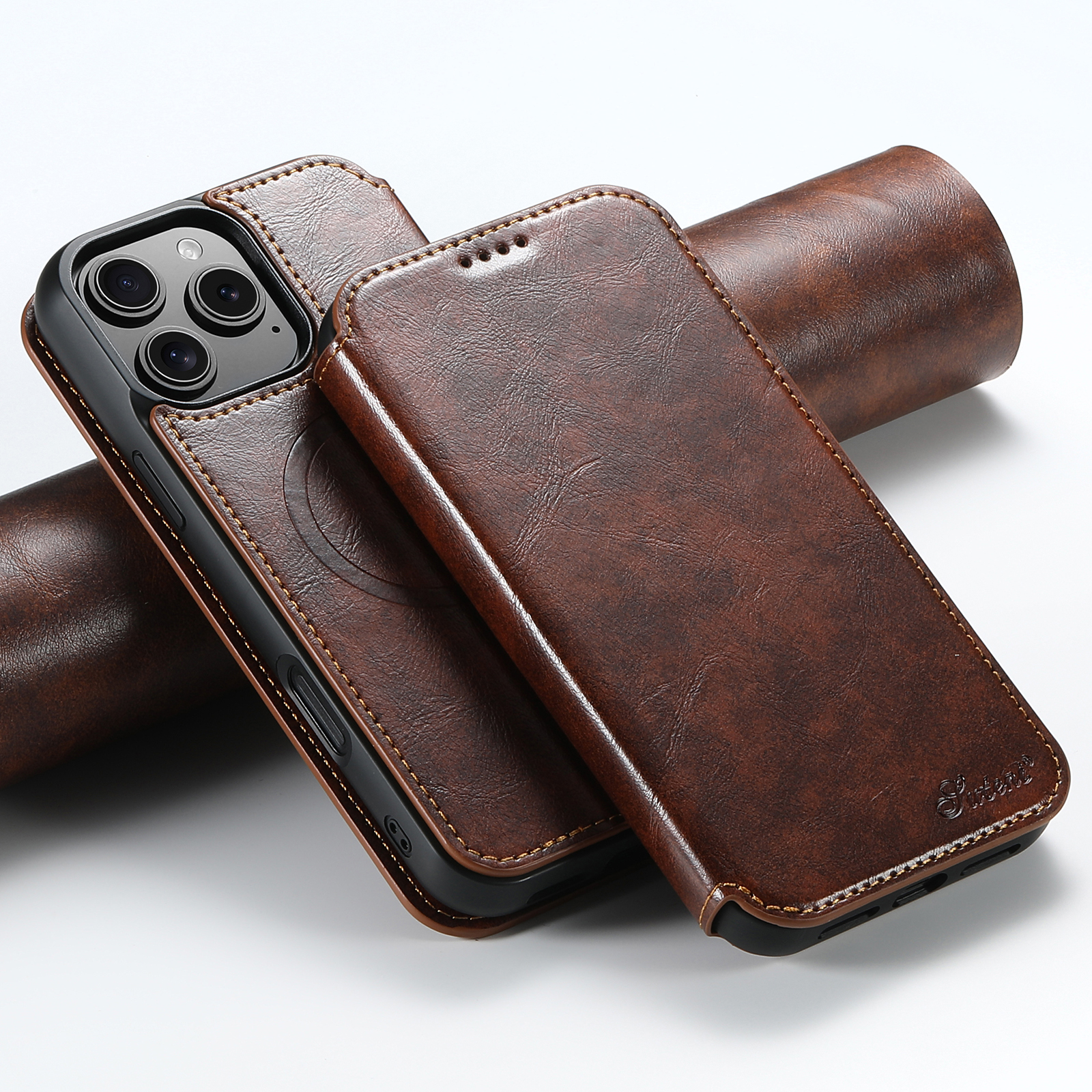 SUTENI J05 Faux Leather Wireless Charging  Card Holder Stand Wallet Magnetic buckle Phone Case For iPhone 17 Pro Max 16 Plus 15 14 13 12