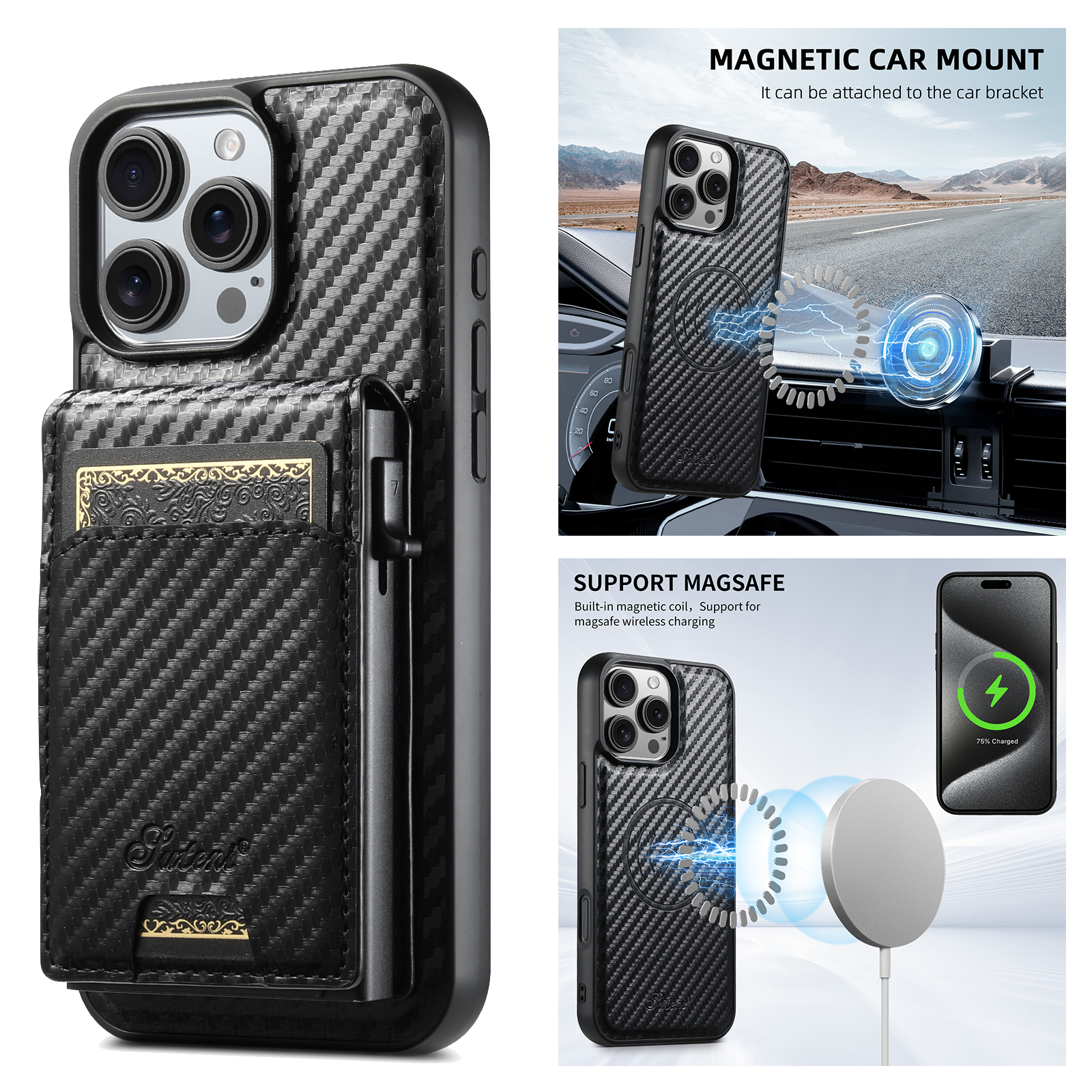 SUTENI H19TXW Magnetic Wireless Charging Card Slot PU Leather Wallet Button card box Phone Cases For iPhone 16 Pro Max 15 Plus 14 13 12