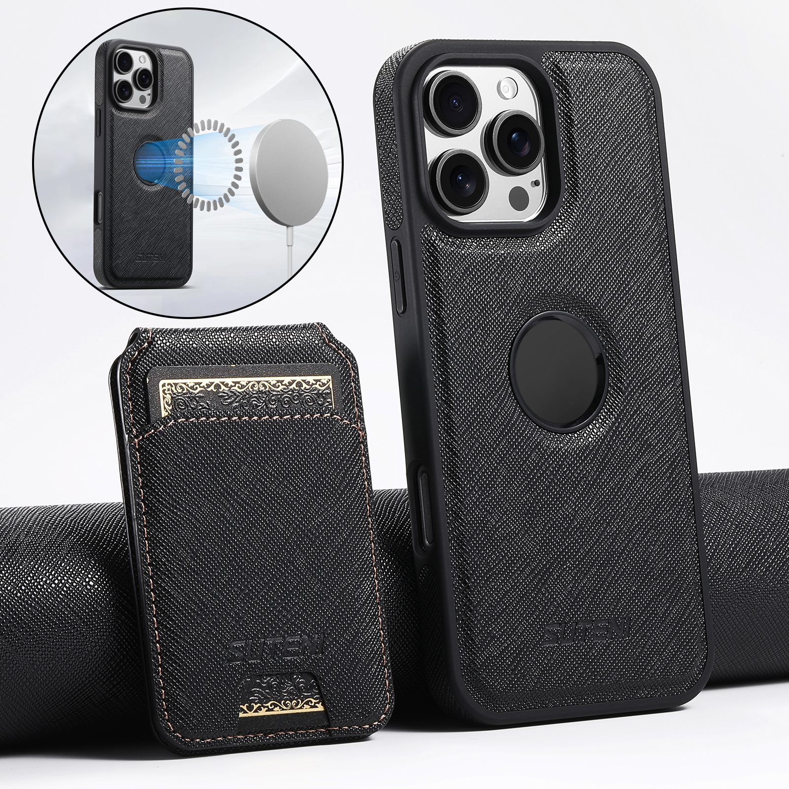 SUTENI M2SZ Magnet Wireless Charging PU Leather Phone Case Card Holder Stand For iPhone 16 Pro Max 15 Plus 14 Pro 13 12