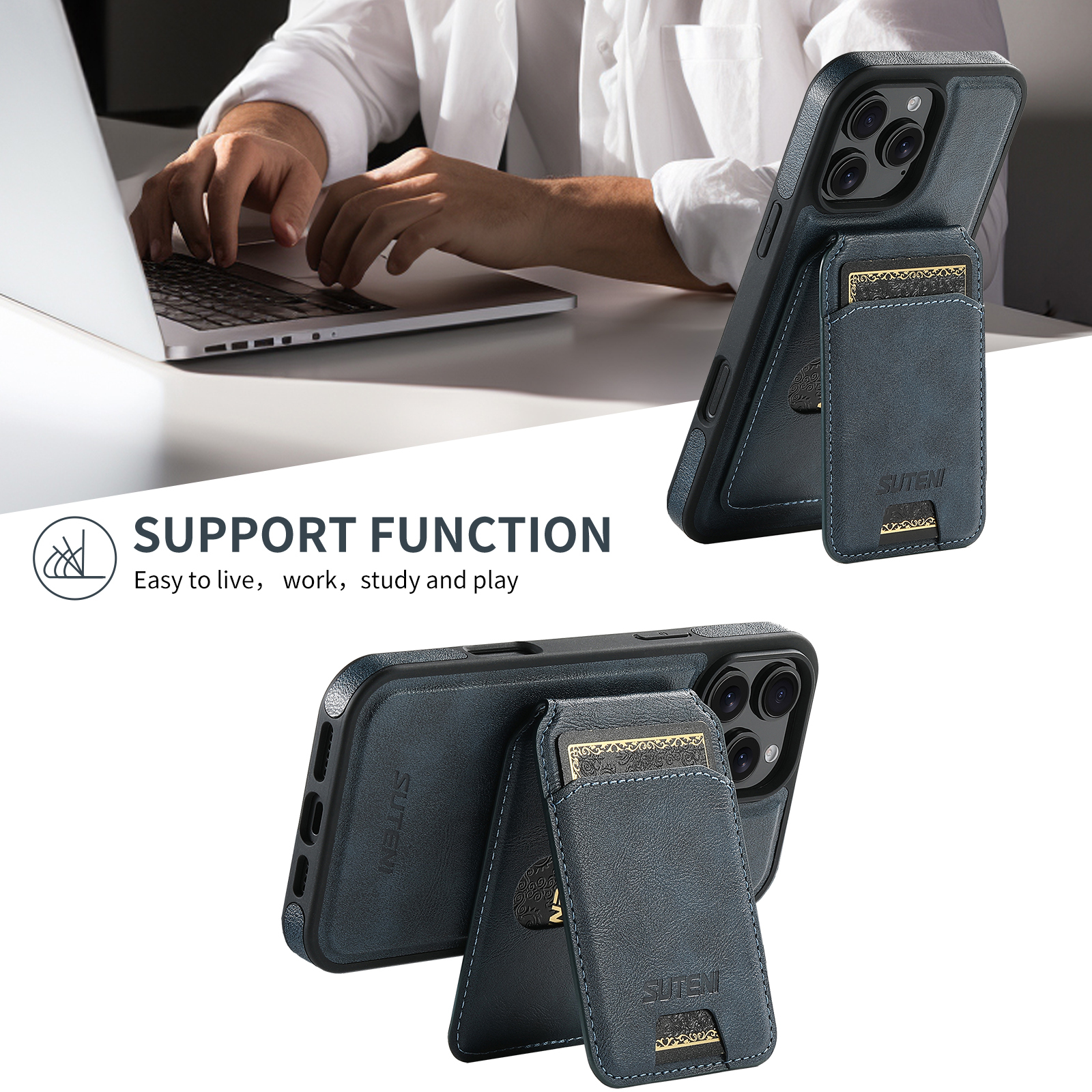 SUTENI M2 PU Leather Phone Case Magnet Wireless Charging Card Holder Stand For iPhone 16 Pro Max 15 Plus 14 Pro 13 12