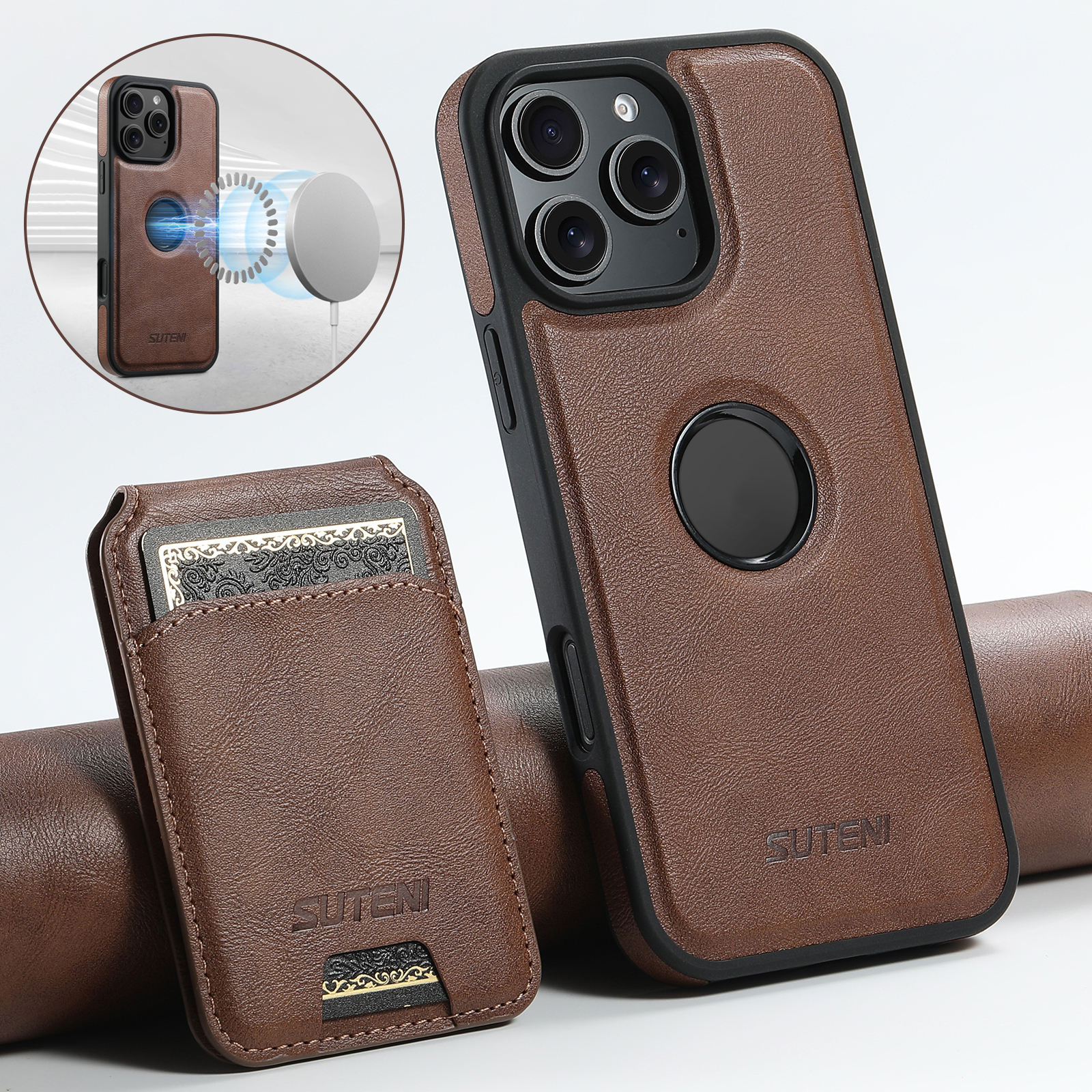 SUTENI M2 PU Leather Phone Case Magnet Wireless Charging Card Holder Stand For iPhone 16 Pro Max 15 Plus 14 Pro 13 12