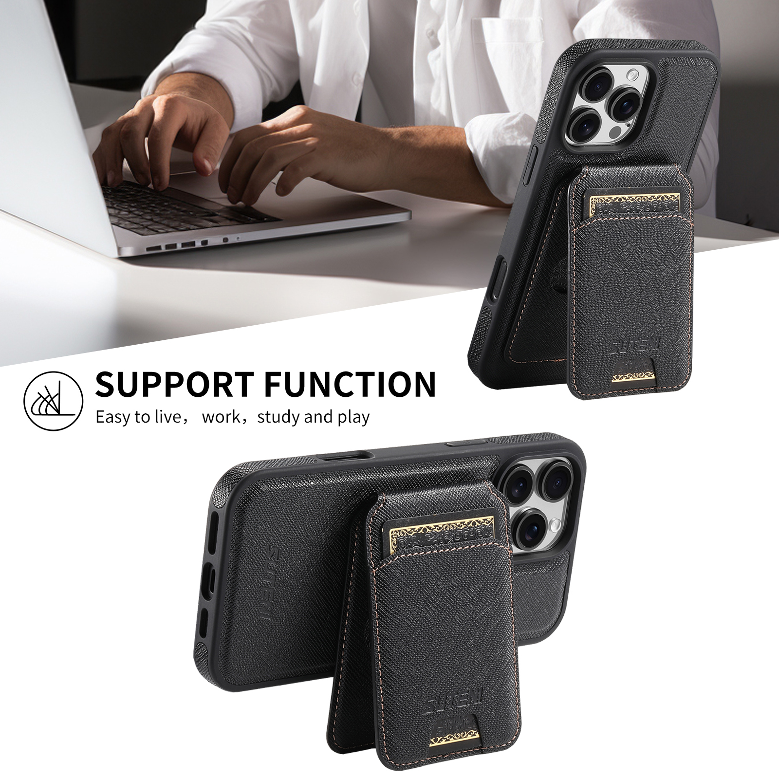 SUTENI M2SZ Magnet Wireless Charging PU Leather Phone Case Card Holder Stand For iPhone 16 Pro Max 15 Plus 14 Pro 13 12