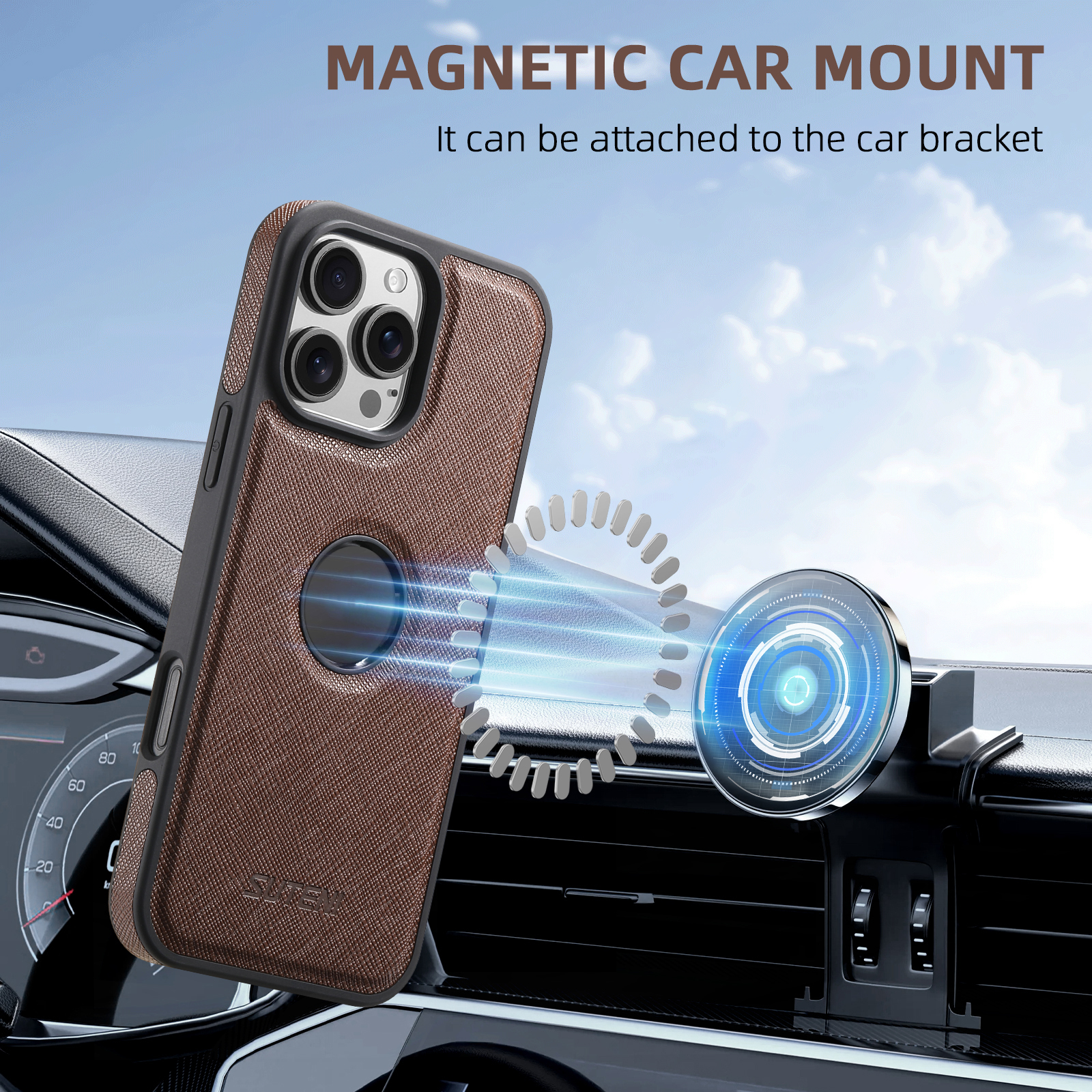 SUTENI M2SZ Magnet Wireless Charging PU Leather Phone Case Card Holder Stand For iPhone 16 Pro Max 15 Plus 14 Pro 13 12
