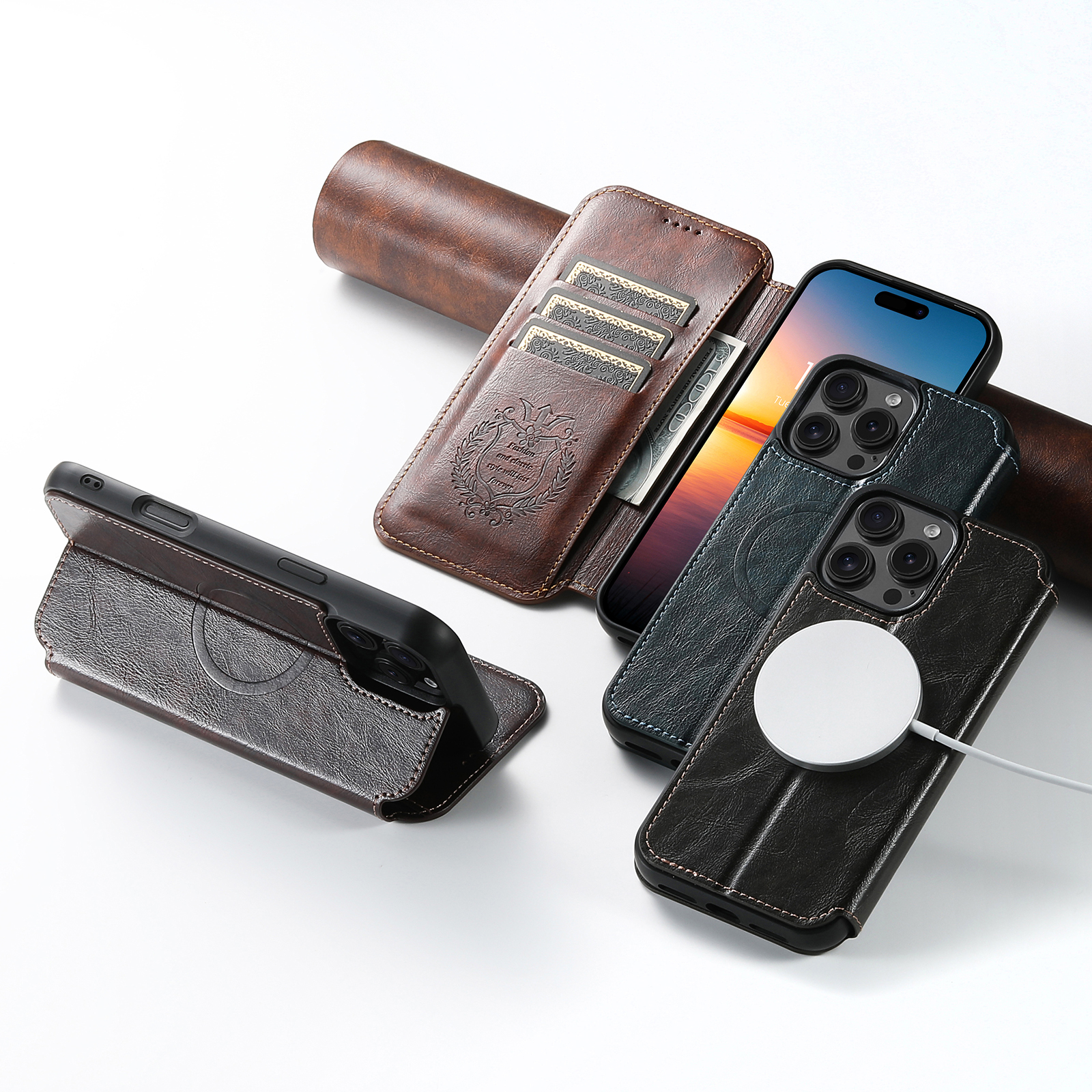 SUTENI J05 PU Leather Wireless Charging 2 In 1 Card Holder Stand Wallet Magnetic buckle Phone Case For iPhone 16 Pro Max 15 Plus 14 13 12