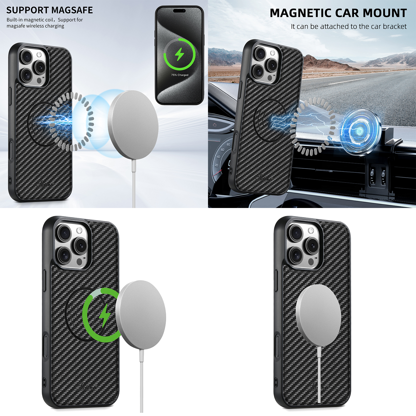 SUTENI H18TXWDK Luxury PU Leather Phone Case Magnet Wireless Charging For iPhone 16 Pro Max 15 Plus 14 13 12