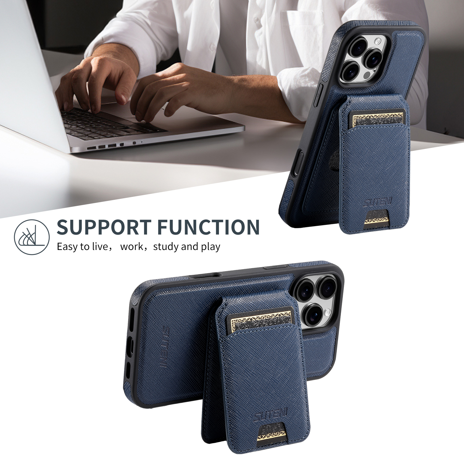 SUTENI M2SZ Magnet Wireless Charging PU Leather Phone Case Card Holder Stand For iPhone 16 Pro Max 15 Plus 14 Pro 13 12