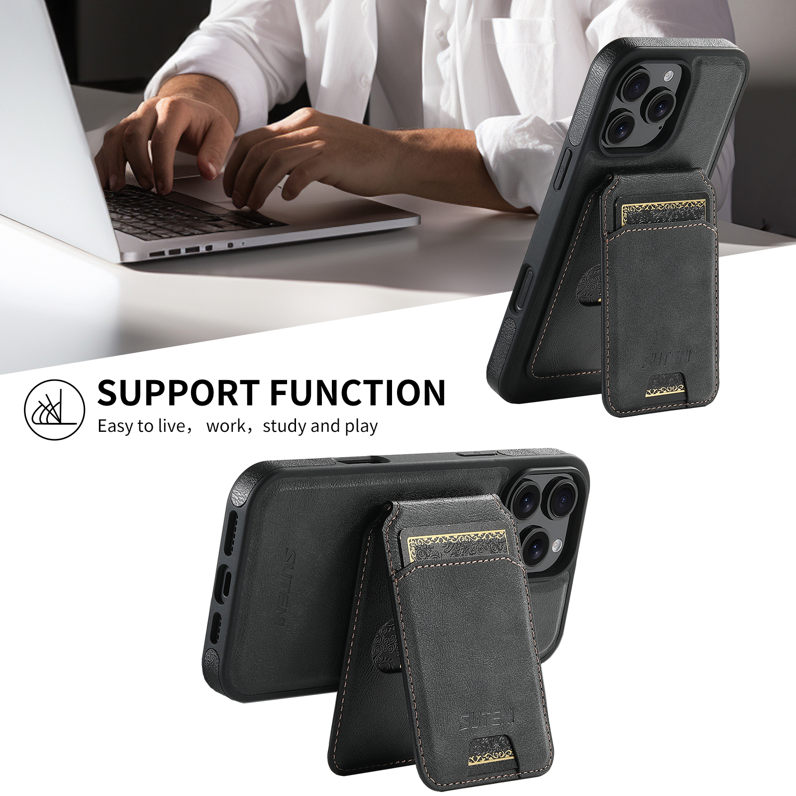 SUTENI M2 PU Leather Phone Case Magnet Wireless Charging Card Holder Stand For iPhone 16 Pro Max 15 Plus 14 Pro 13 12