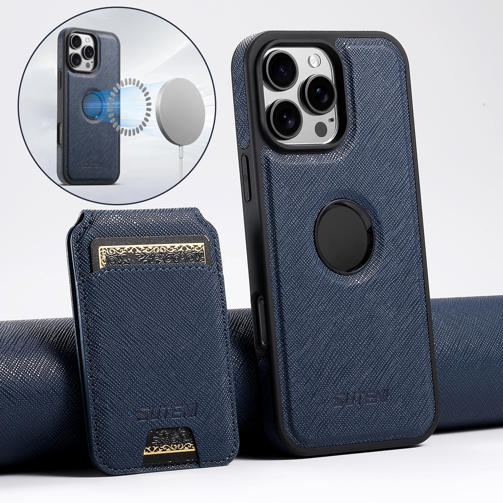 SUTENI M2SZ Magnet Wireless Charging PU Leather Phone Case Card Holder Stand For iPhone 16 Pro Max 15 Plus 14 Pro 13 12