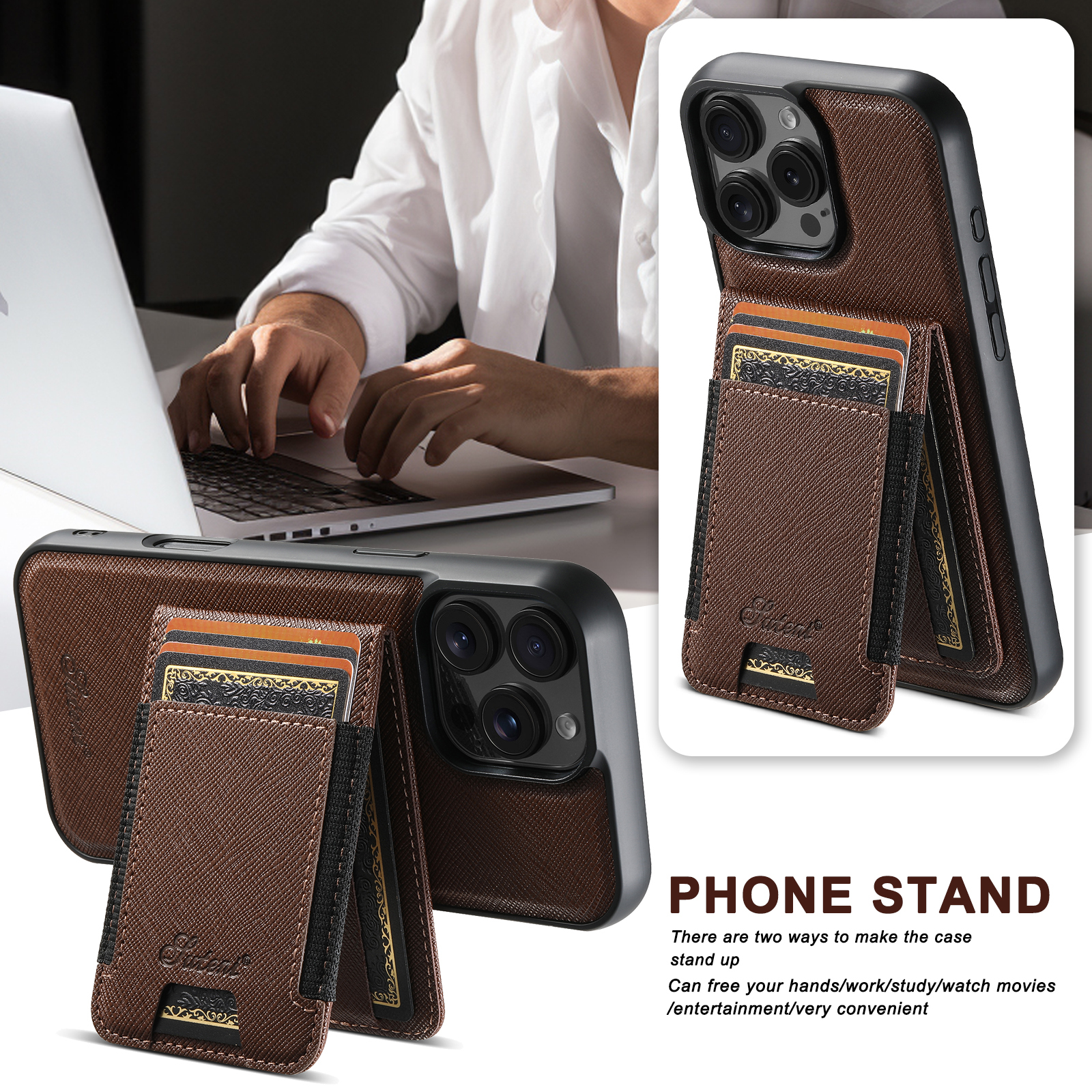 SUTENI H17SZ Magnet Wireless Charging Phone Case Card Holder Stand PU Leather For iPhone 16 Pro Max 15 Plus 14 Pro 13 12