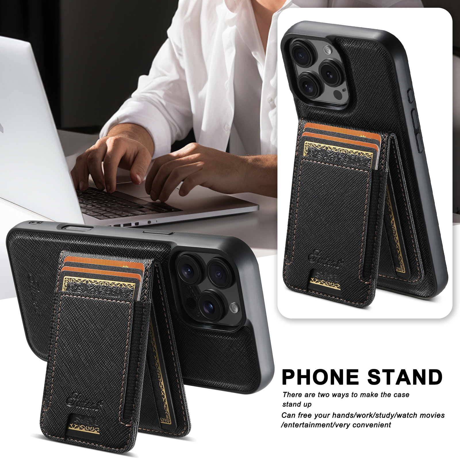 SUTENI H17SZ Magnet Wireless Charging Phone Case Card Holder Stand PU Leather For iPhone 16 Pro Max 15 Plus 14 Pro 13 12