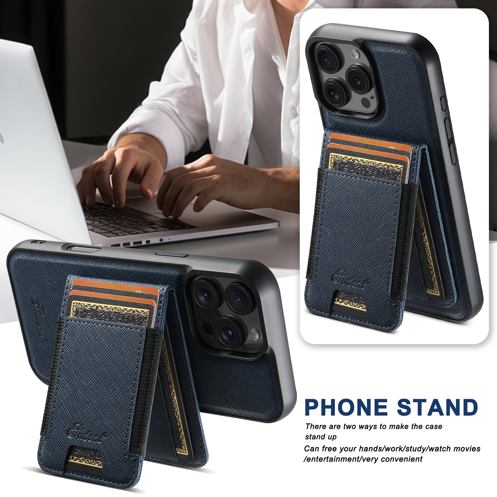 SUTENI H17SZ Magnet Wireless Charging Phone Case Card Holder Stand PU Leather For iPhone 16 Pro Max 15 Plus 14 Pro 13 12