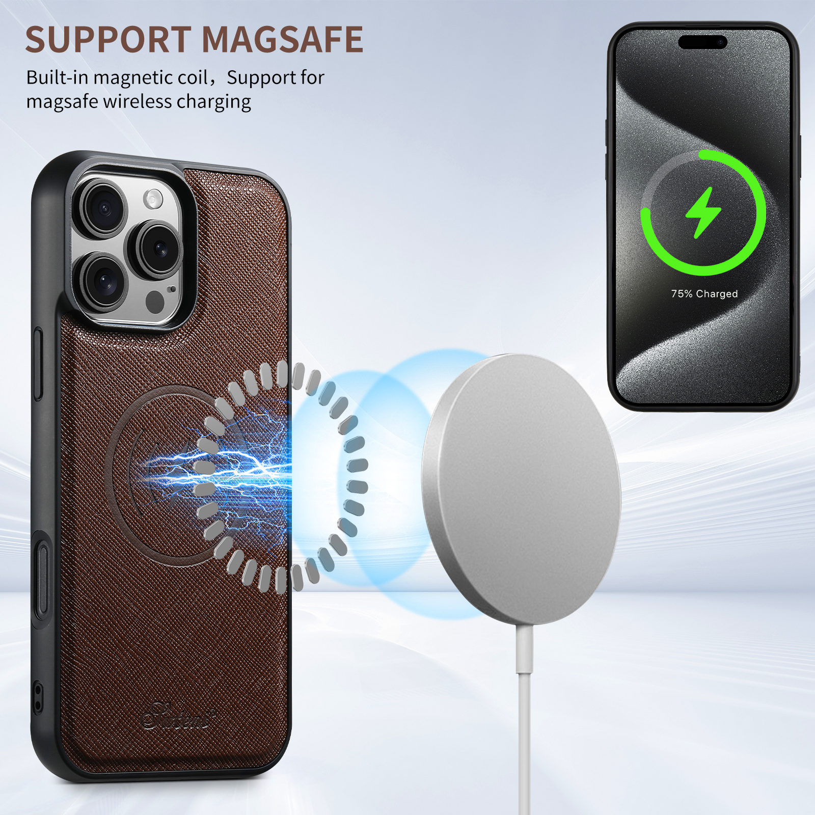 SUTENI H18SZDK Magnet Wireless Charging Phone Case Luxury PU Leather For iPhone 16 Pro Max 15 Plus 14 13 12