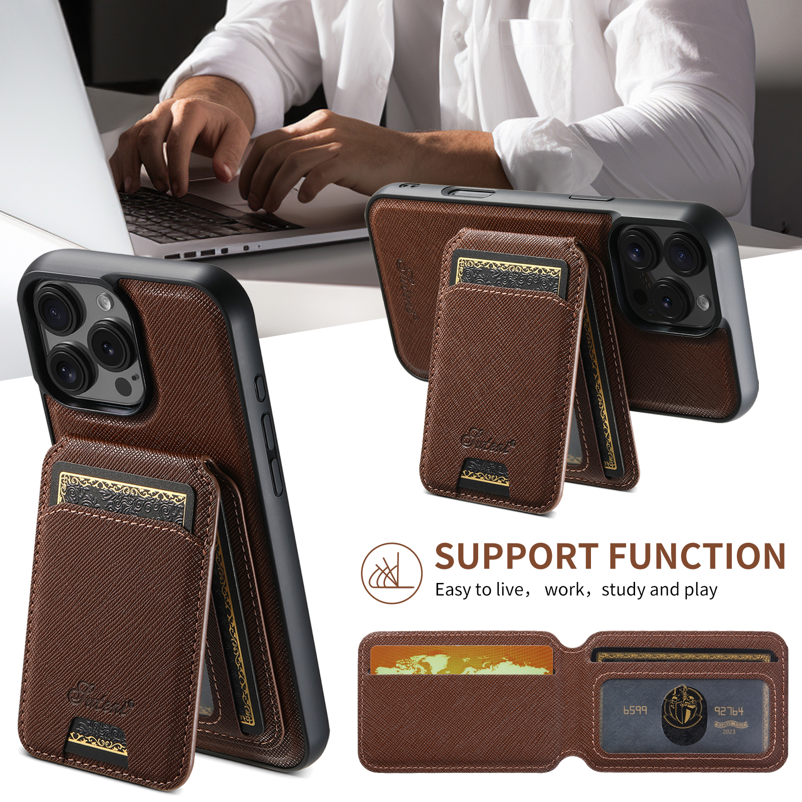 SUTENI H18SZ Phone Case Magnet Wireless Charging Card Holder Stand PU Leather For iPhone 16 Pro Max 15 Plus 14 Pro 13 12