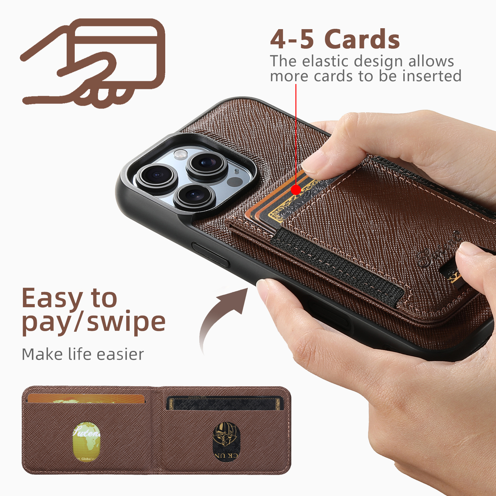 SUTENI H17SZ Magnet Wireless Charging Phone Case Card Holder Stand PU Leather For iPhone 16 Pro Max 15 Plus 14 Pro 13 12