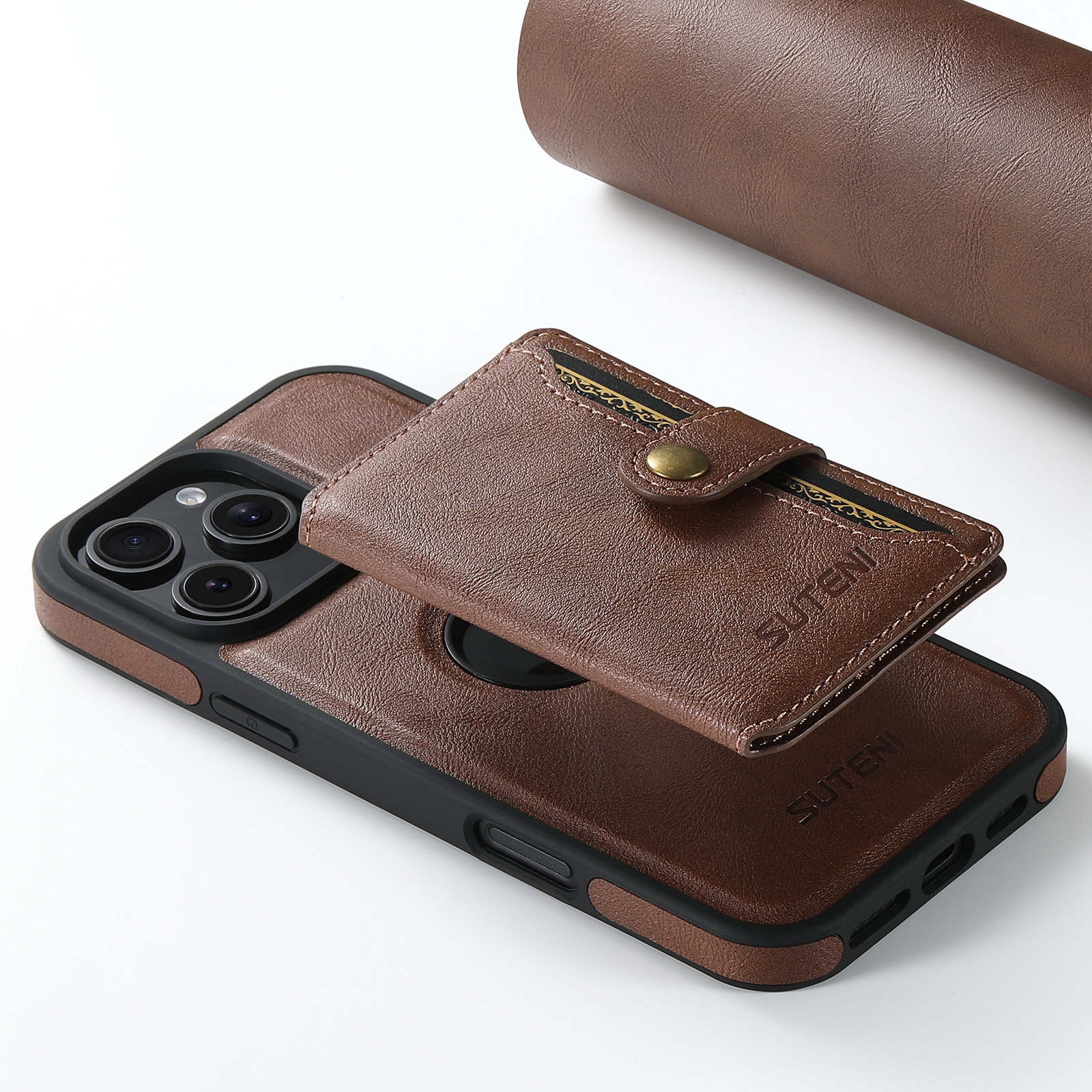 SUTENI M1 Magnetic Wireless Charging PU Leather Button Card Holder Stand Phone Case For iPhone 16 Pro Max 15 Plus 14 Pro 13 12