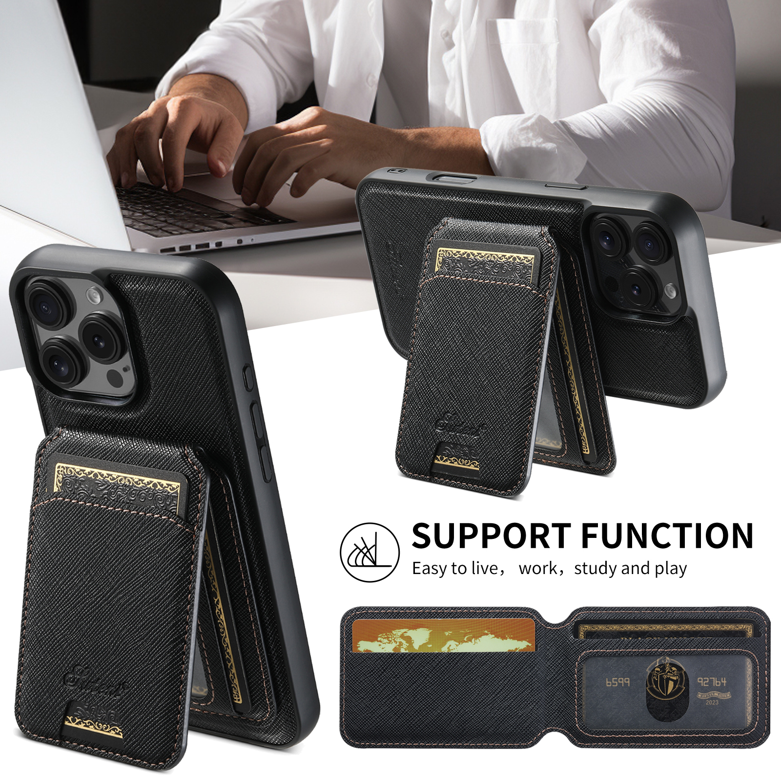 SUTENI H18SZ Phone Case Magnet Wireless Charging Card Holder Stand PU Leather For iPhone 16 Pro Max 15 Plus 14 Pro 13 12