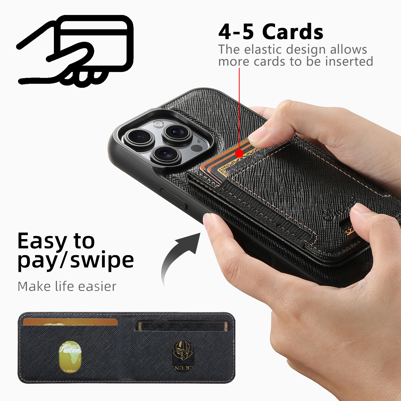 SUTENI H17SZ Magnet Wireless Charging Phone Case Card Holder Stand PU Leather For iPhone 16 Pro Max 15 Plus 14 Pro 13 12