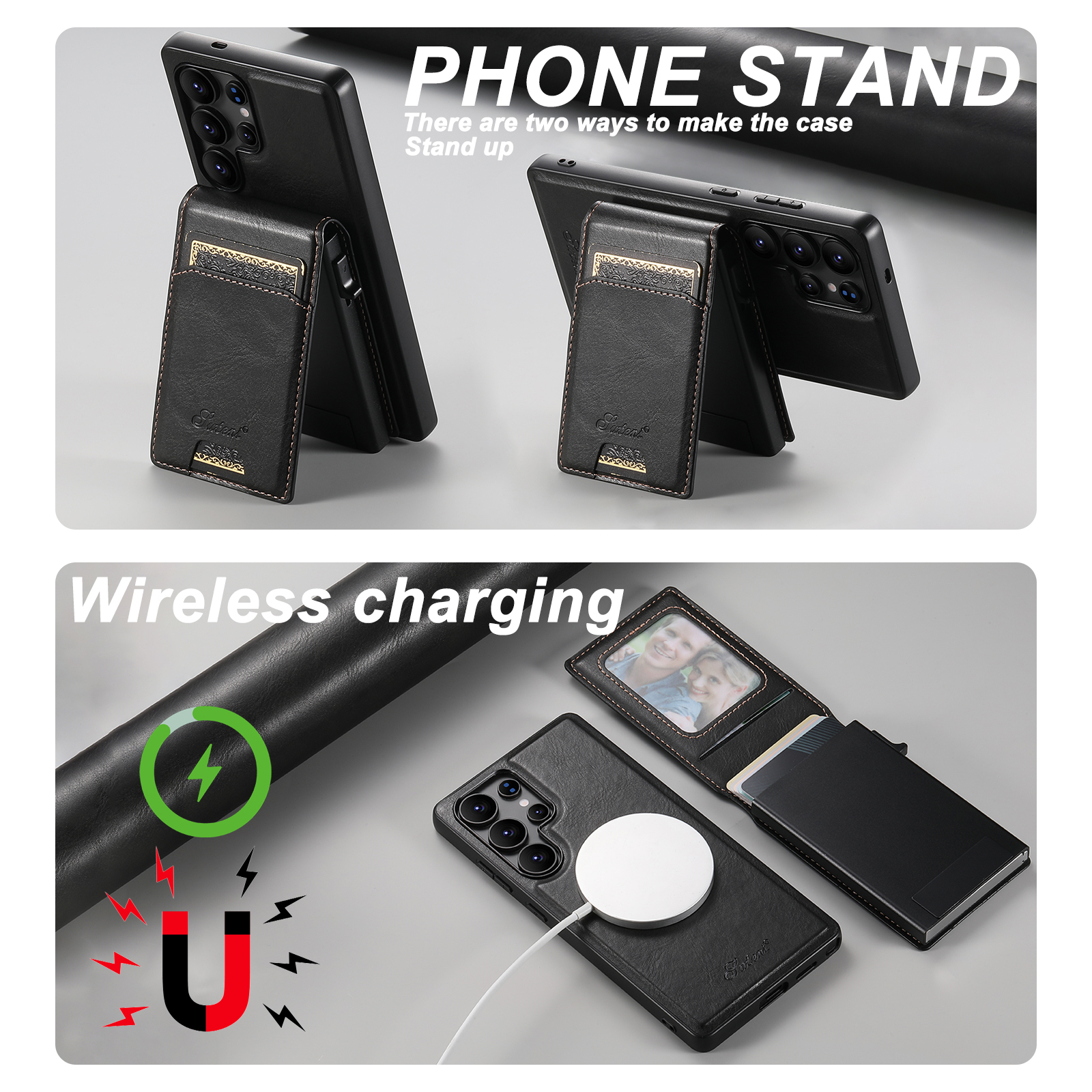 SUTENI H19YL Magnetic Wireless Charging  Phone Case Luxury PU Leather Card Slot Wallet Card Box For Samsung S25Ultra S24Plus S23 S22 Note20