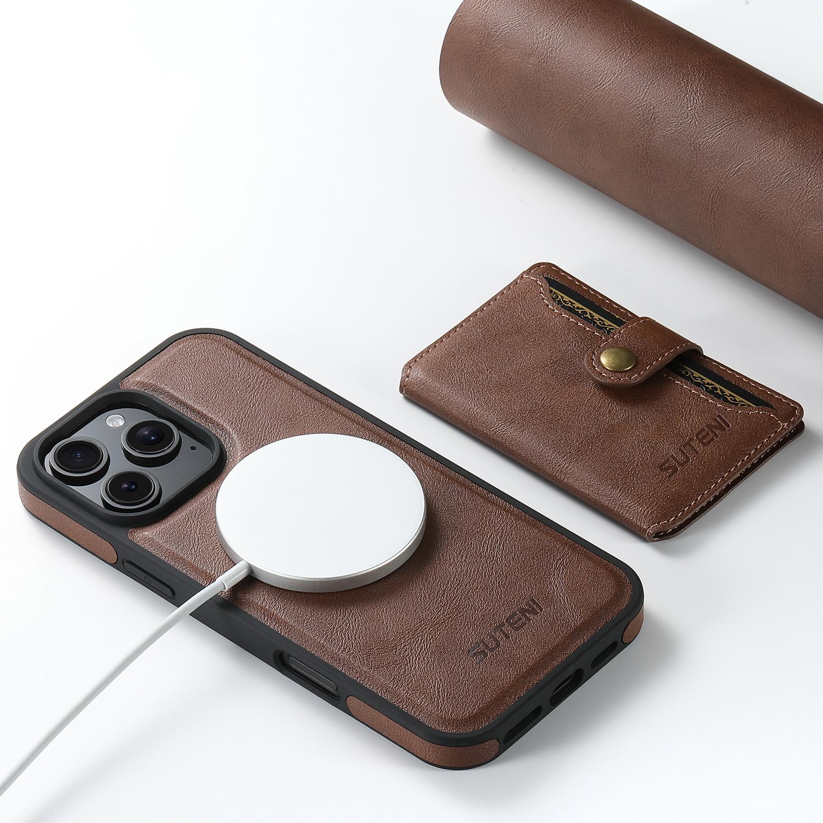 SUTENI M1 Magnetic Wireless Charging PU Leather Button Card Holder Stand Phone Case For iPhone 16 Pro Max 15 Plus 14 Pro 13 12