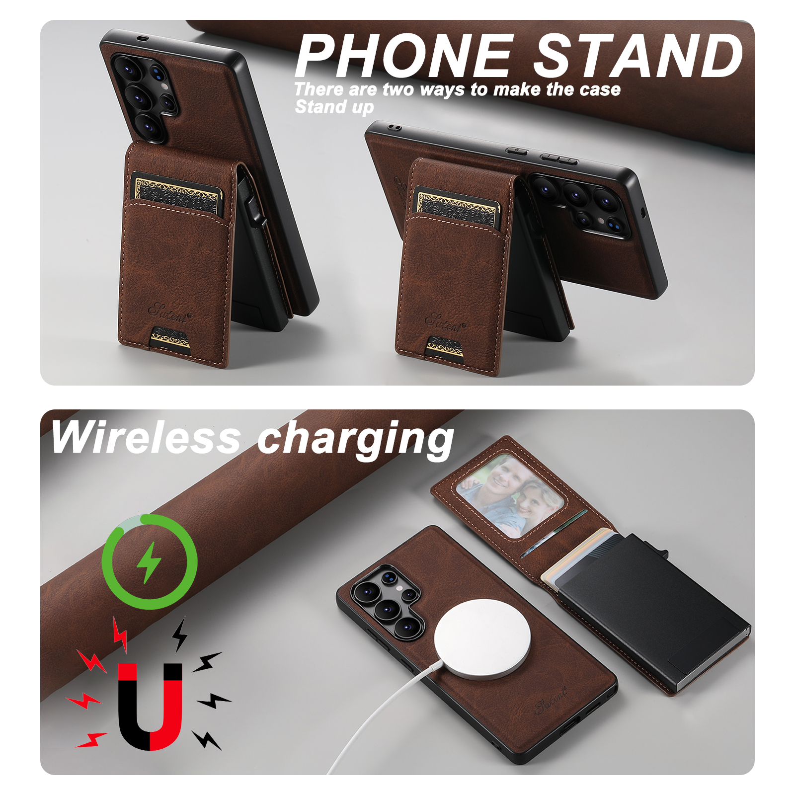 SUTENI H19LZ Magnetic Wireless Charging  Phone Case Card Slot Luxury PU Leather Wallet Button Card Box For Samsung S25Ultra S24Plus S23 S22 Note20